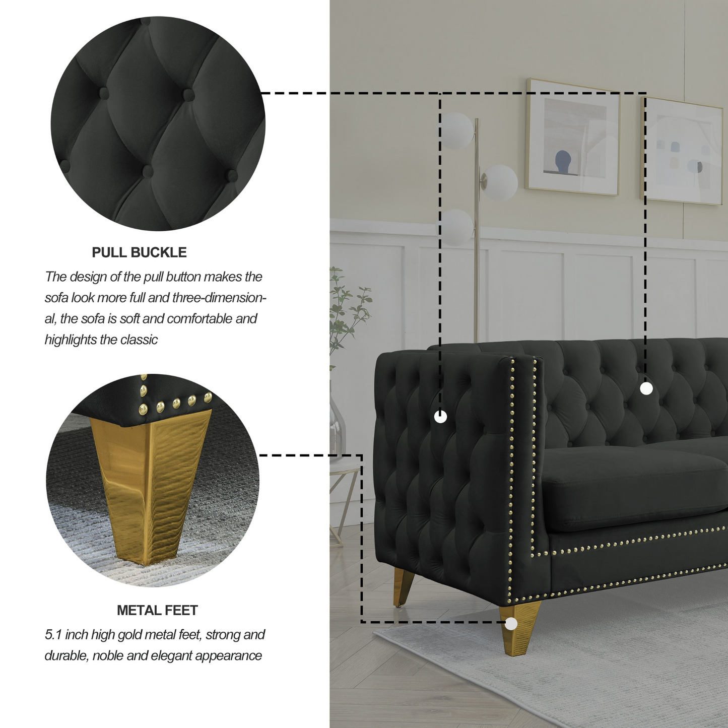 [product_type] | {Contact us for 3D modeling} Velvet Sofa for Living Room,Buttons Tufted Square Arm Couch, Modern Couch Upholstered Button and Metal Legs, Sofa Couch for Bedroom, Black Velvet | casafoyer.myshopify.com