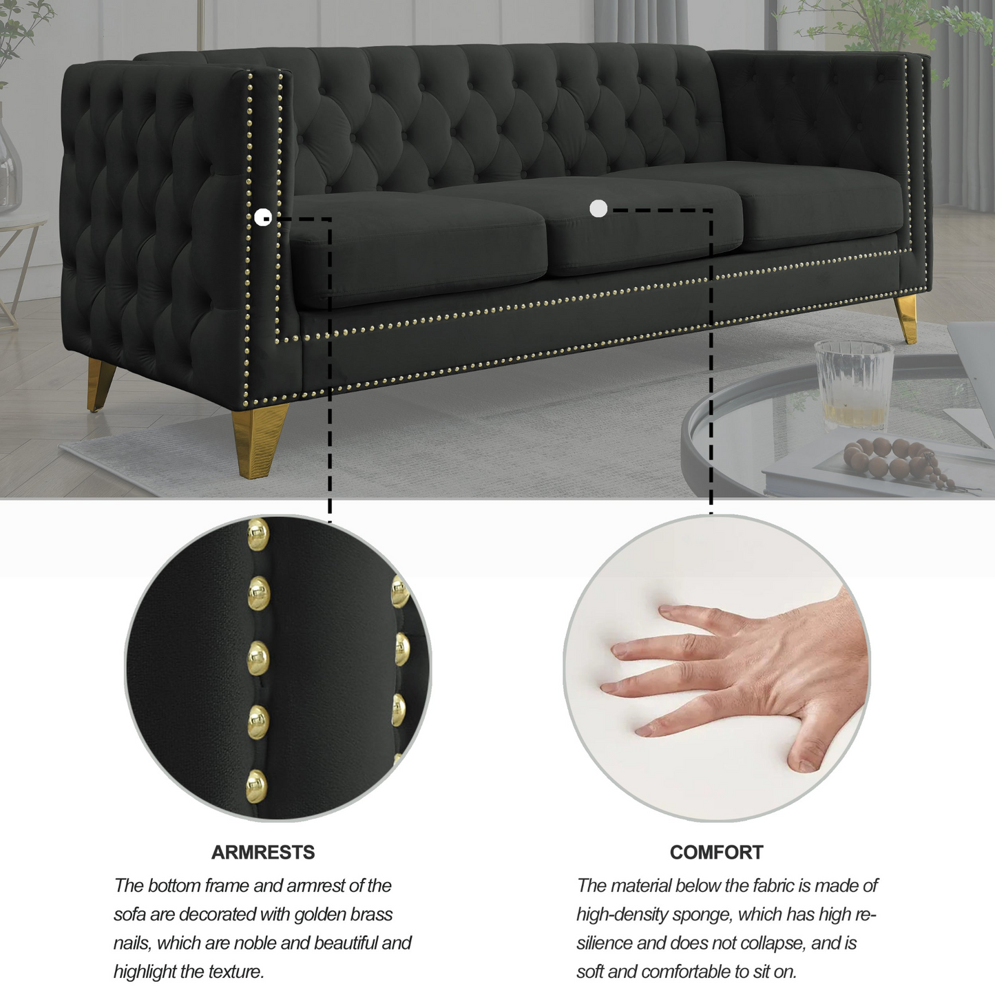 [product_type] | {Contact us for 3D modeling} Velvet Sofa for Living Room,Buttons Tufted Square Arm Couch, Modern Couch Upholstered Button and Metal Legs, Sofa Couch for Bedroom, Black Velvet | casafoyer.myshopify.com