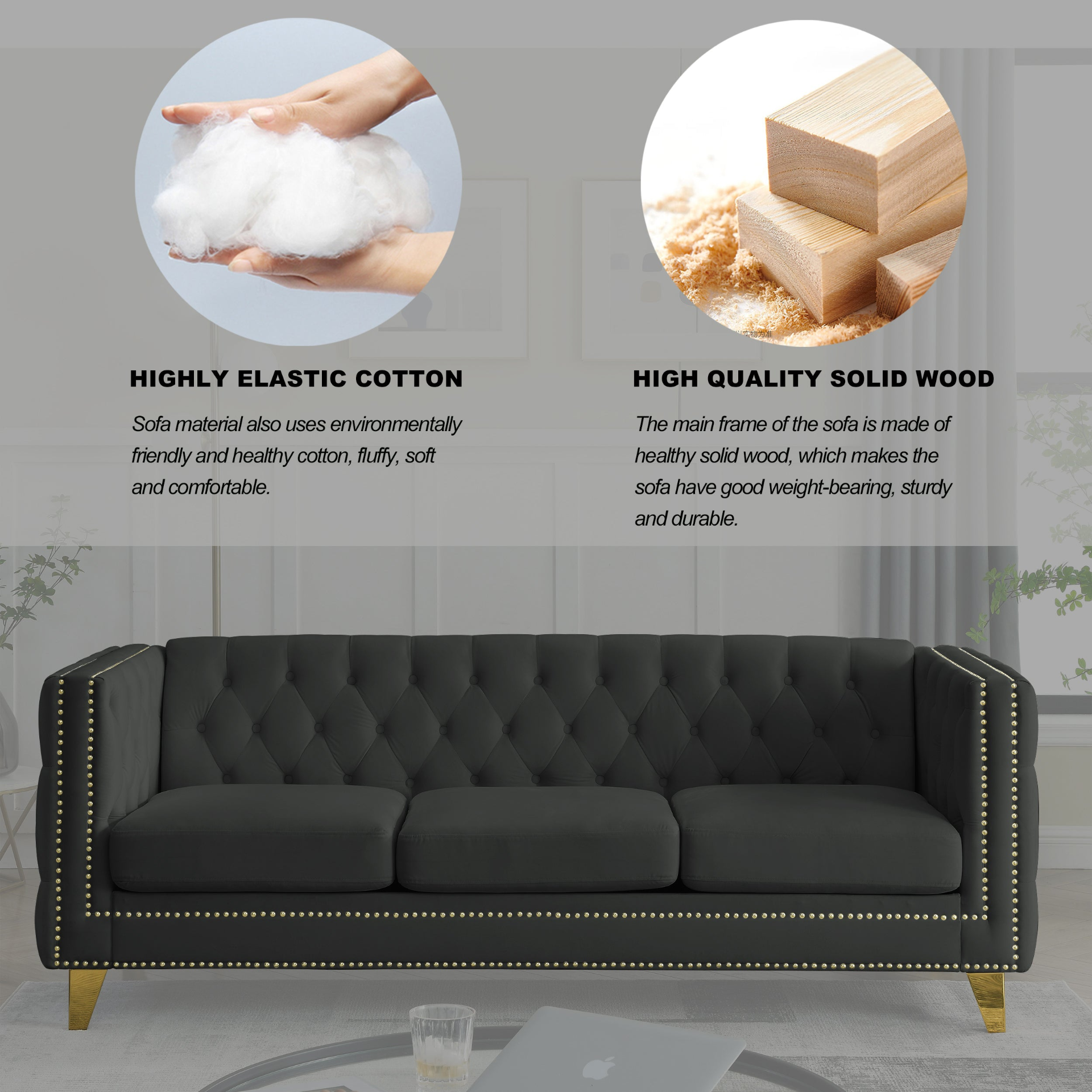 [product_type] | {Contact us for 3D modeling} Velvet Sofa for Living Room,Buttons Tufted Square Arm Couch, Modern Couch Upholstered Button and Metal Legs, Sofa Couch for Bedroom, Black Velvet | casafoyer.myshopify.com