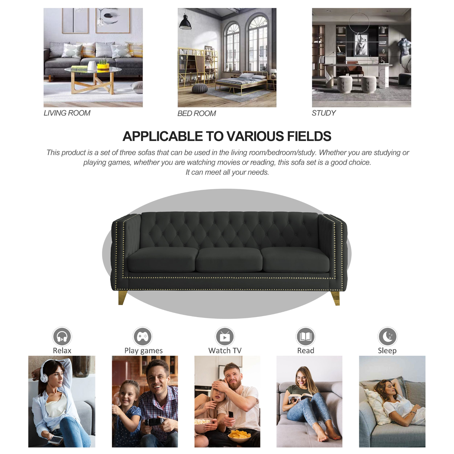 [product_type] | {Contact us for 3D modeling} Velvet Sofa for Living Room,Buttons Tufted Square Arm Couch, Modern Couch Upholstered Button and Metal Legs, Sofa Couch for Bedroom, Black Velvet | casafoyer.myshopify.com