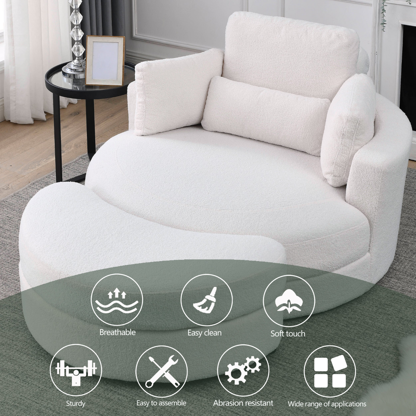 Sofa & Chair sets | Swivel Accent Barrel Modern Sofa Lounge Club Big Round Chair with Storage Ottoman Linen Fabric for Living Room Hotel with Pillows,Teddy White (Ivory) | casafoyer.myshopify.com