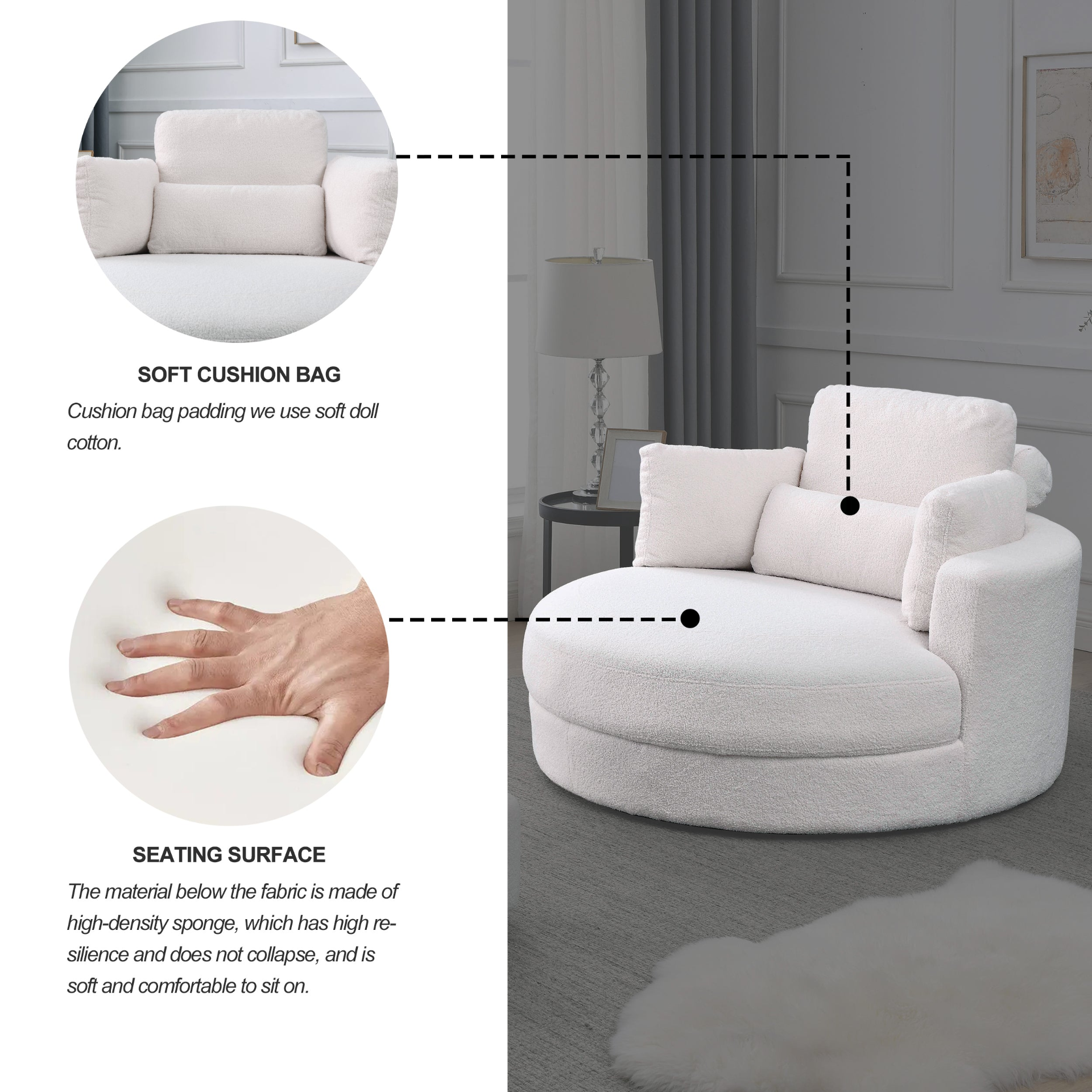 Sofa & Chair sets | Swivel Accent Barrel Modern Sofa Lounge Club Big Round Chair with Storage Ottoman Linen Fabric for Living Room Hotel with Pillows,Teddy White (Ivory) | casafoyer.myshopify.com