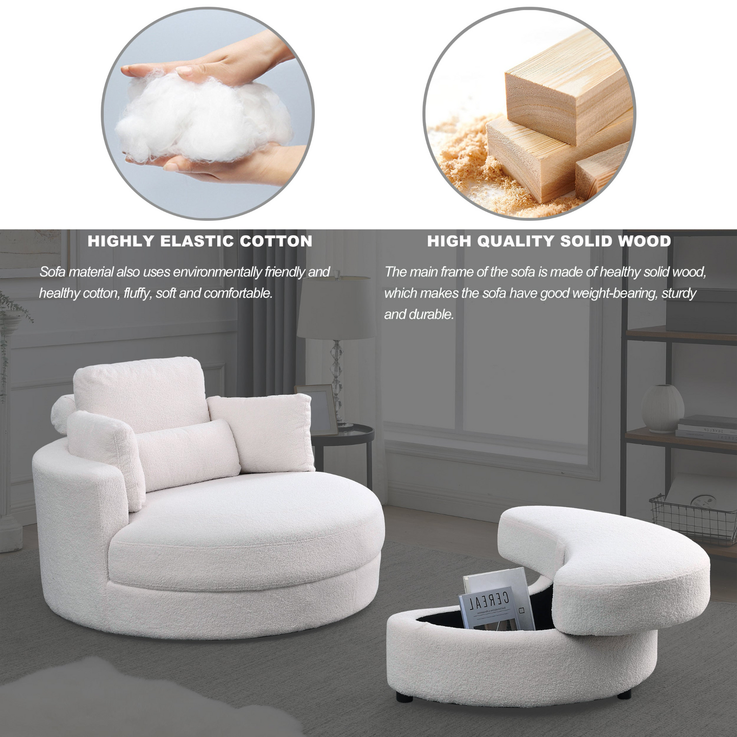 Sofa & Chair sets | Swivel Accent Barrel Modern Sofa Lounge Club Big Round Chair with Storage Ottoman Linen Fabric for Living Room Hotel with Pillows,Teddy White (Ivory) | casafoyer.myshopify.com