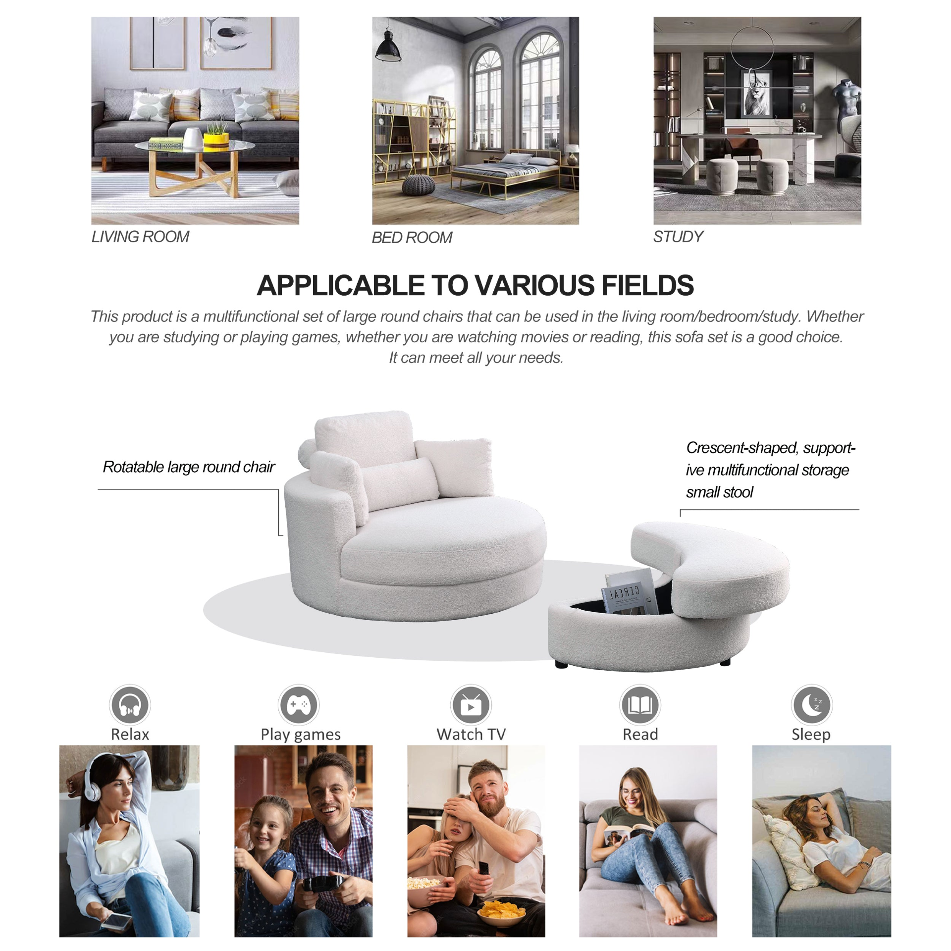 Sofa & Chair sets | Swivel Accent Barrel Modern Sofa Lounge Club Big Round Chair with Storage Ottoman Linen Fabric for Living Room Hotel with Pillows,Teddy White (Ivory) | casafoyer.myshopify.com