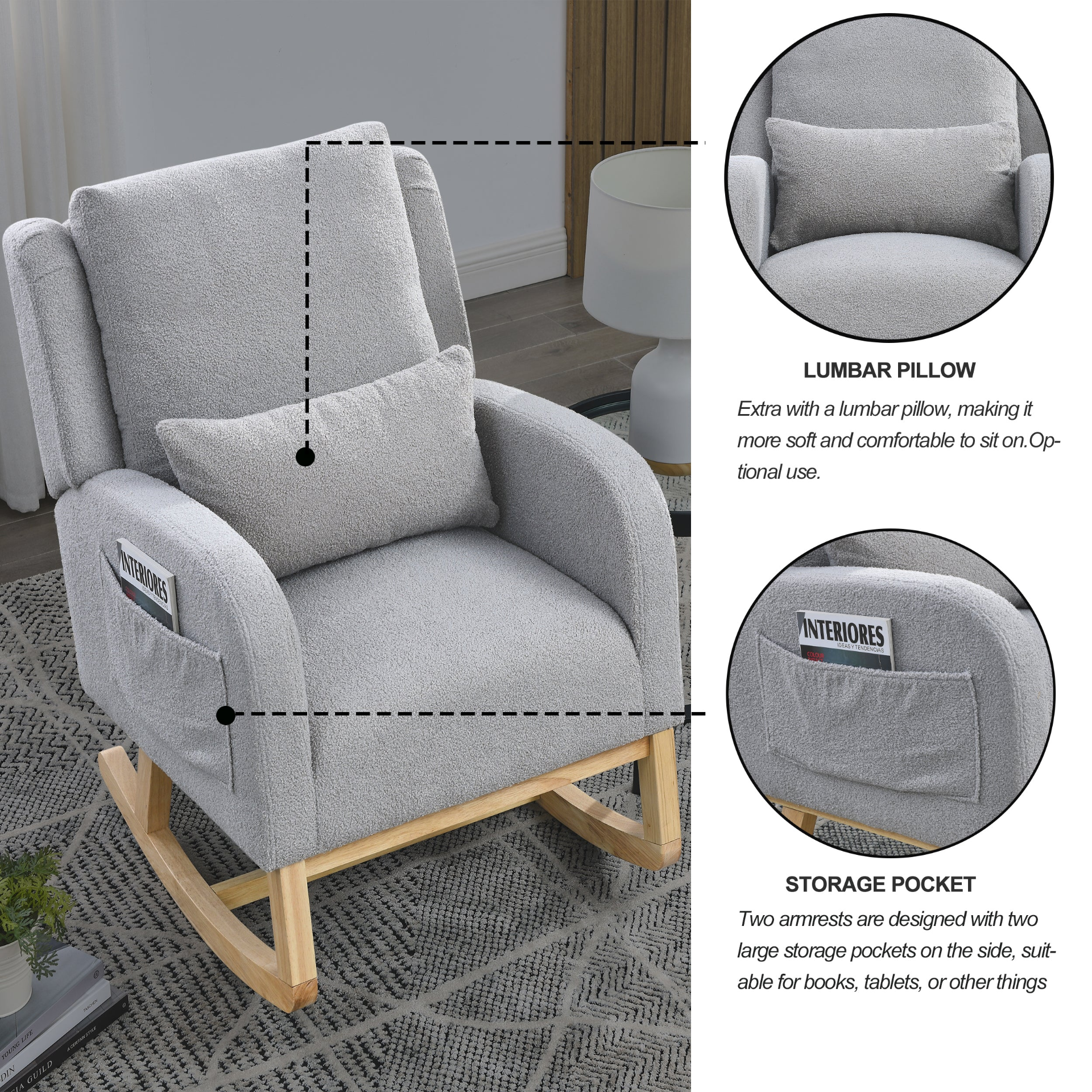 Sofa & Chair sets | Modern Accent High Back Living Room Casual Armchair Rocker with One Lumbar Pillow, Two Side Pockets,Teddy. | casafoyer.myshopify.com