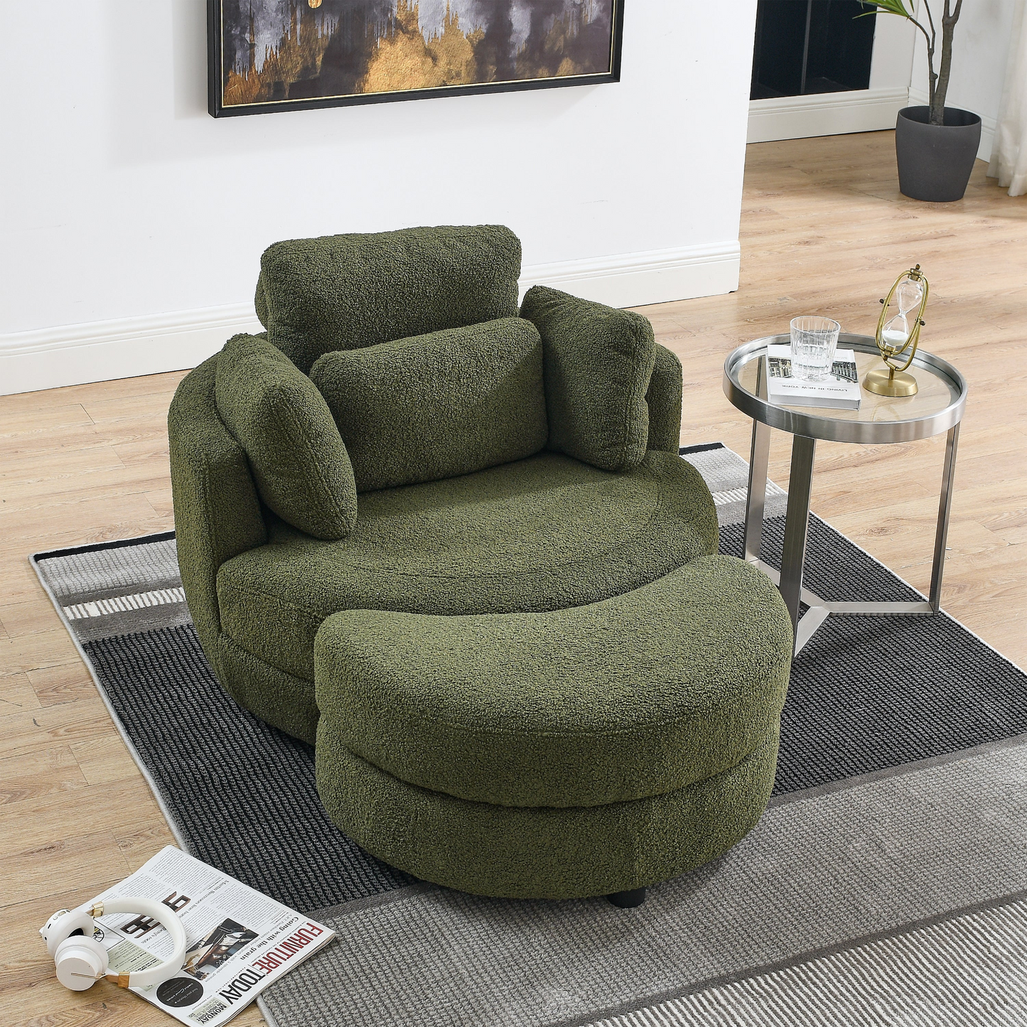 Sofa & Chair sets | Oversized Swivel Chair with moon storage ottoman for Living Room, Modern Accent Round Loveseat Circle Swivel Barrel Chairs for Bedroom Cuddle Sofa Chair Lounger Armchair, 4 Pillows, Teddy Fabric | casafoyer.myshopify.com