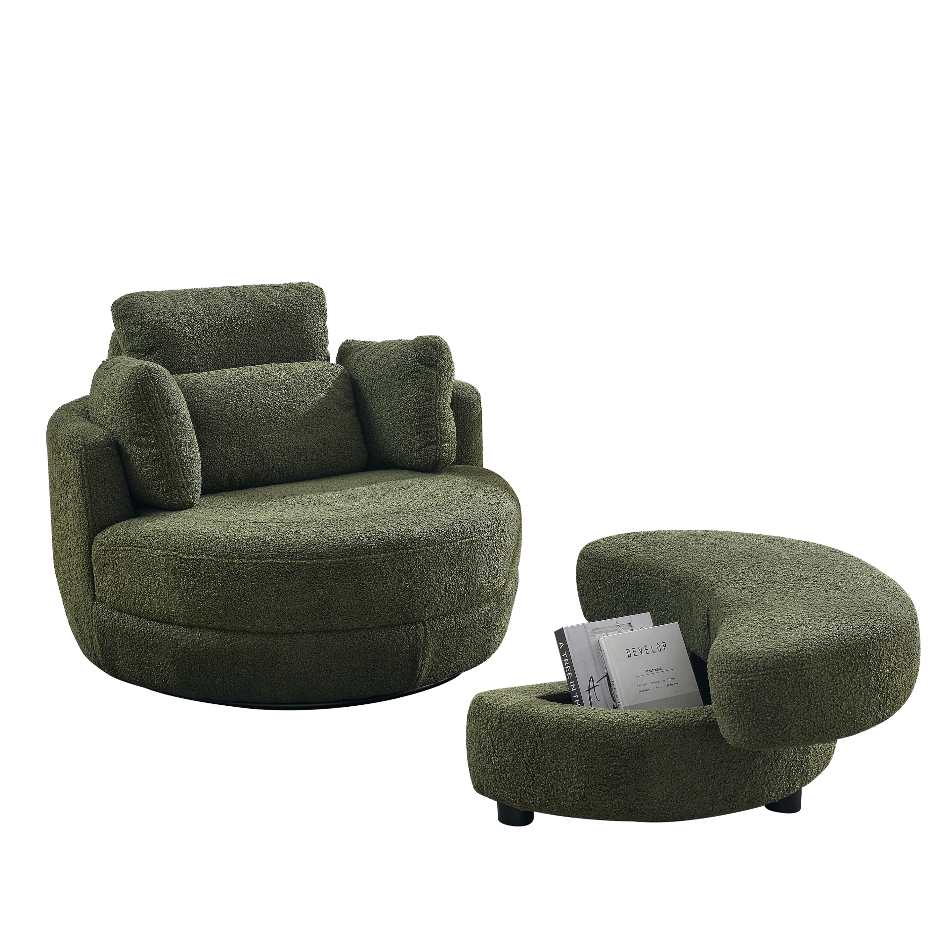 Sofa & Chair sets | Oversized Swivel Chair with moon storage ottoman for Living Room, Modern Accent Round Loveseat Circle Swivel Barrel Chairs for Bedroom Cuddle Sofa Chair Lounger Armchair, 4 Pillows, Teddy Fabric | casafoyer.myshopify.com