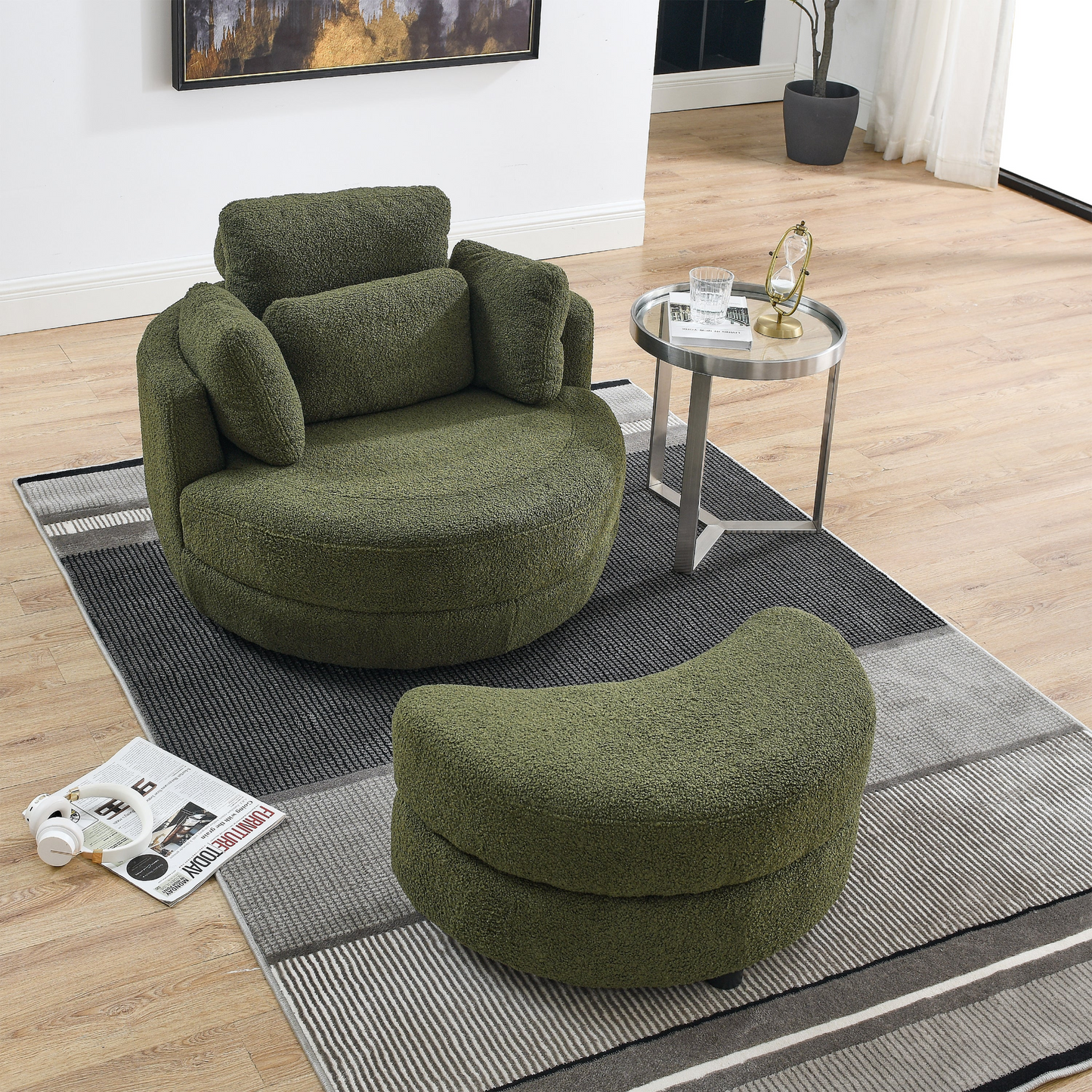 Sofa & Chair sets | Oversized Swivel Chair with moon storage ottoman for Living Room, Modern Accent Round Loveseat Circle Swivel Barrel Chairs for Bedroom Cuddle Sofa Chair Lounger Armchair, 4 Pillows, Teddy Fabric | casafoyer.myshopify.com