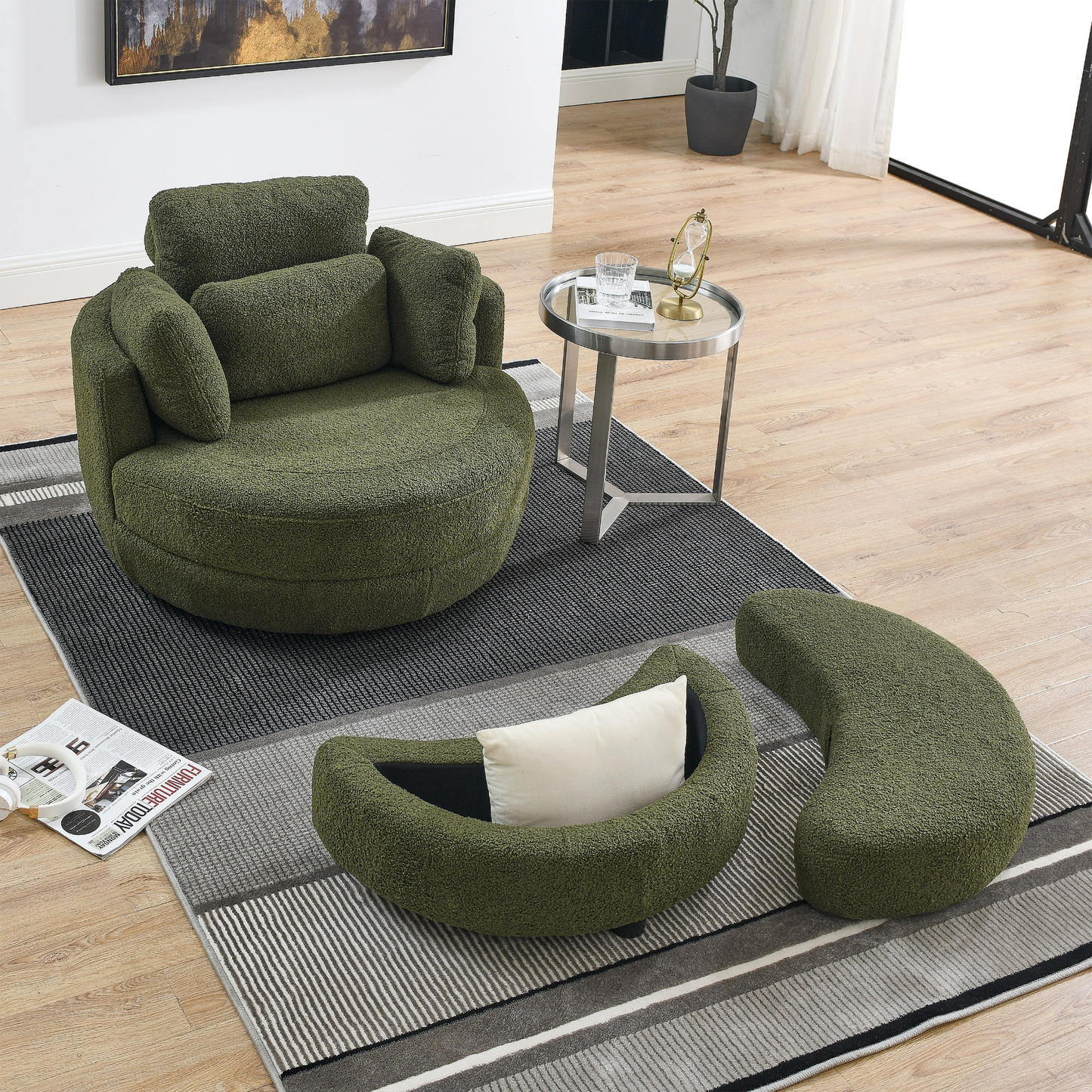 Sofa & Chair sets | Oversized Swivel Chair with moon storage ottoman for Living Room, Modern Accent Round Loveseat Circle Swivel Barrel Chairs for Bedroom Cuddle Sofa Chair Lounger Armchair, 4 Pillows, Teddy Fabric | casafoyer.myshopify.com