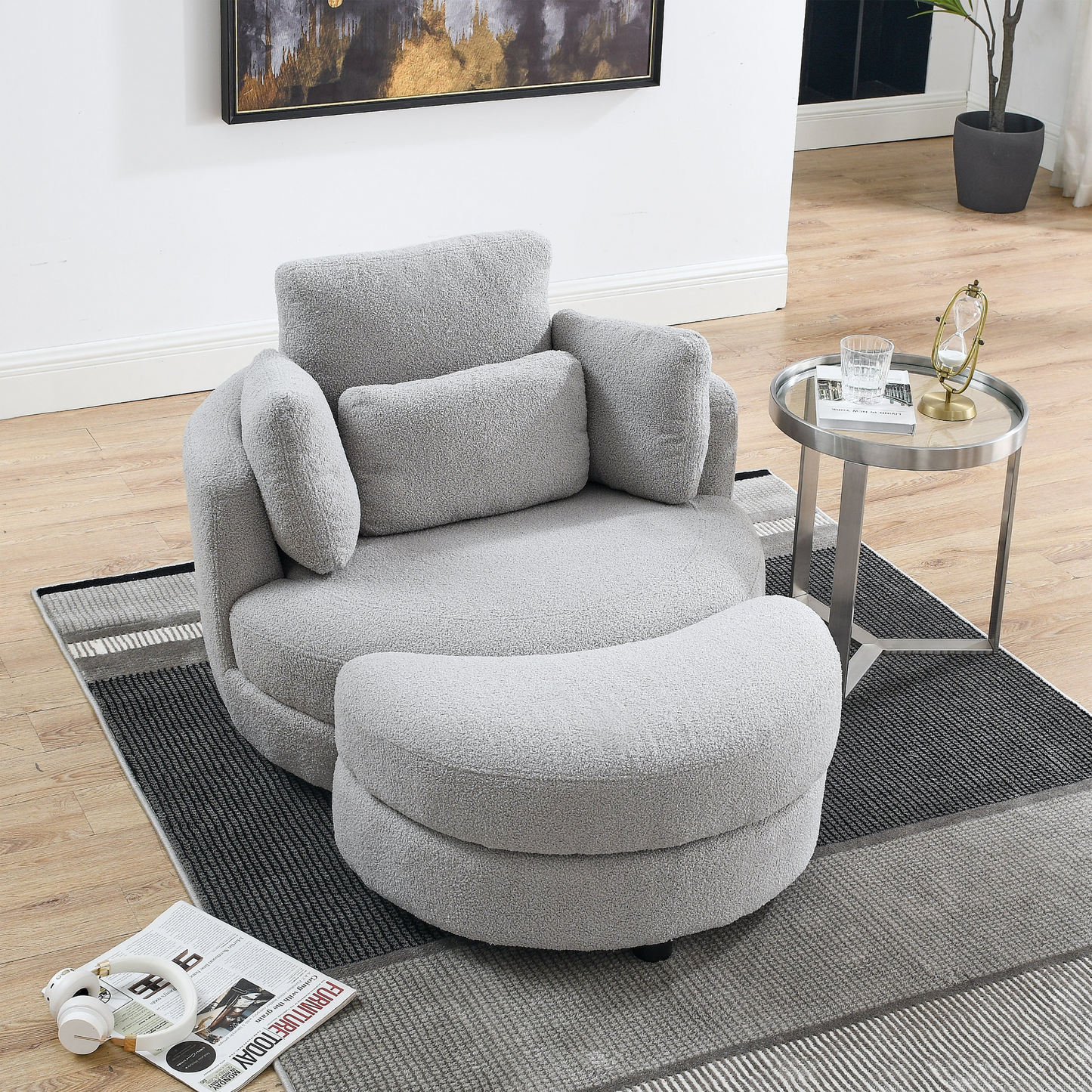 Sofa & Chair sets | Oversized Swivel Chair with moon storage ottoman for Living Room, Modern Accent Round Loveseat Circle Swivel Barrel Chairs for Bedroom Cuddle Sofa Chair Lounger Armchair, 4 Pillows, Teddy Fabric | casafoyer.myshopify.com