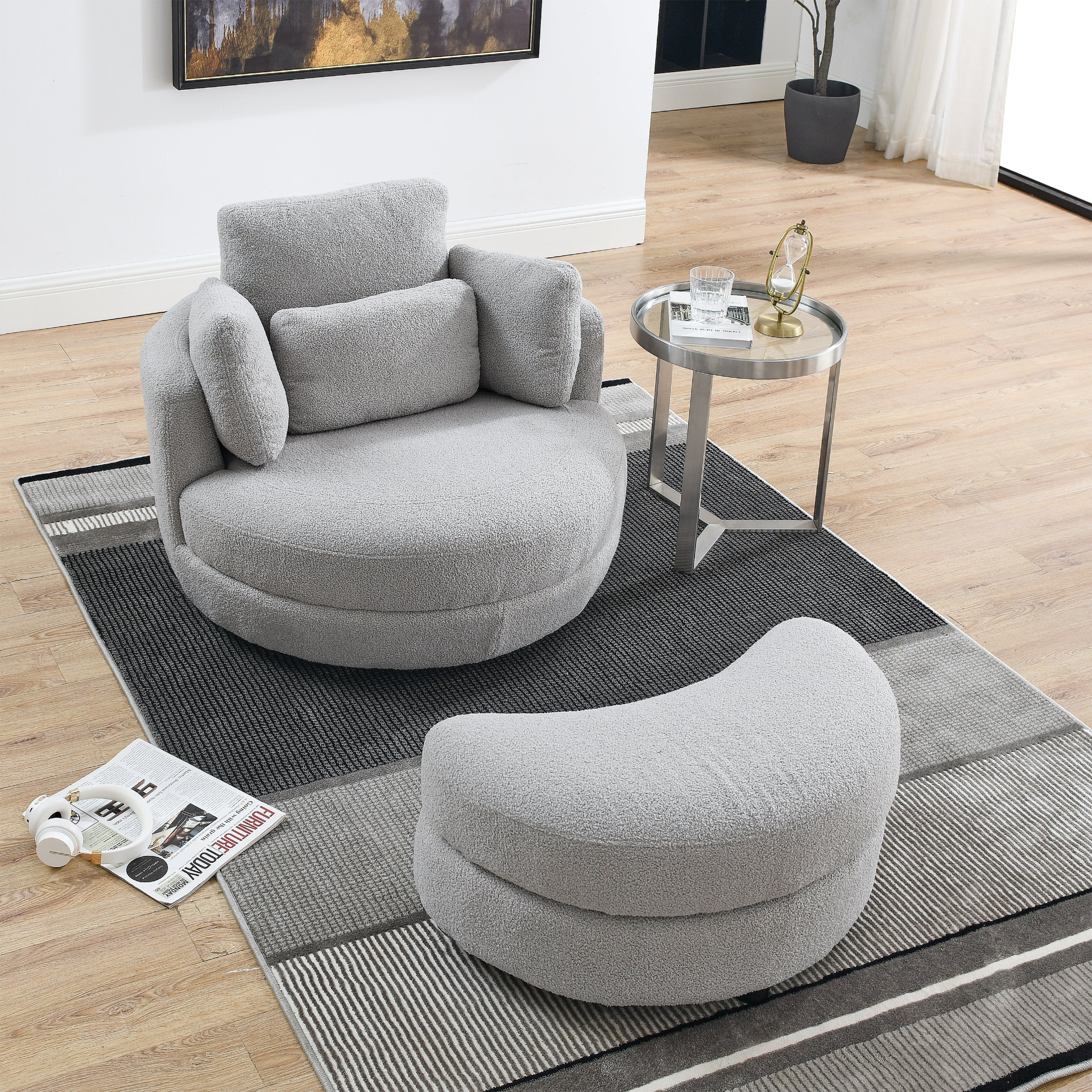 Sofa & Chair sets | Oversized Swivel Chair with moon storage ottoman for Living Room, Modern Accent Round Loveseat Circle Swivel Barrel Chairs for Bedroom Cuddle Sofa Chair Lounger Armchair, 4 Pillows, Teddy Fabric | casafoyer.myshopify.com