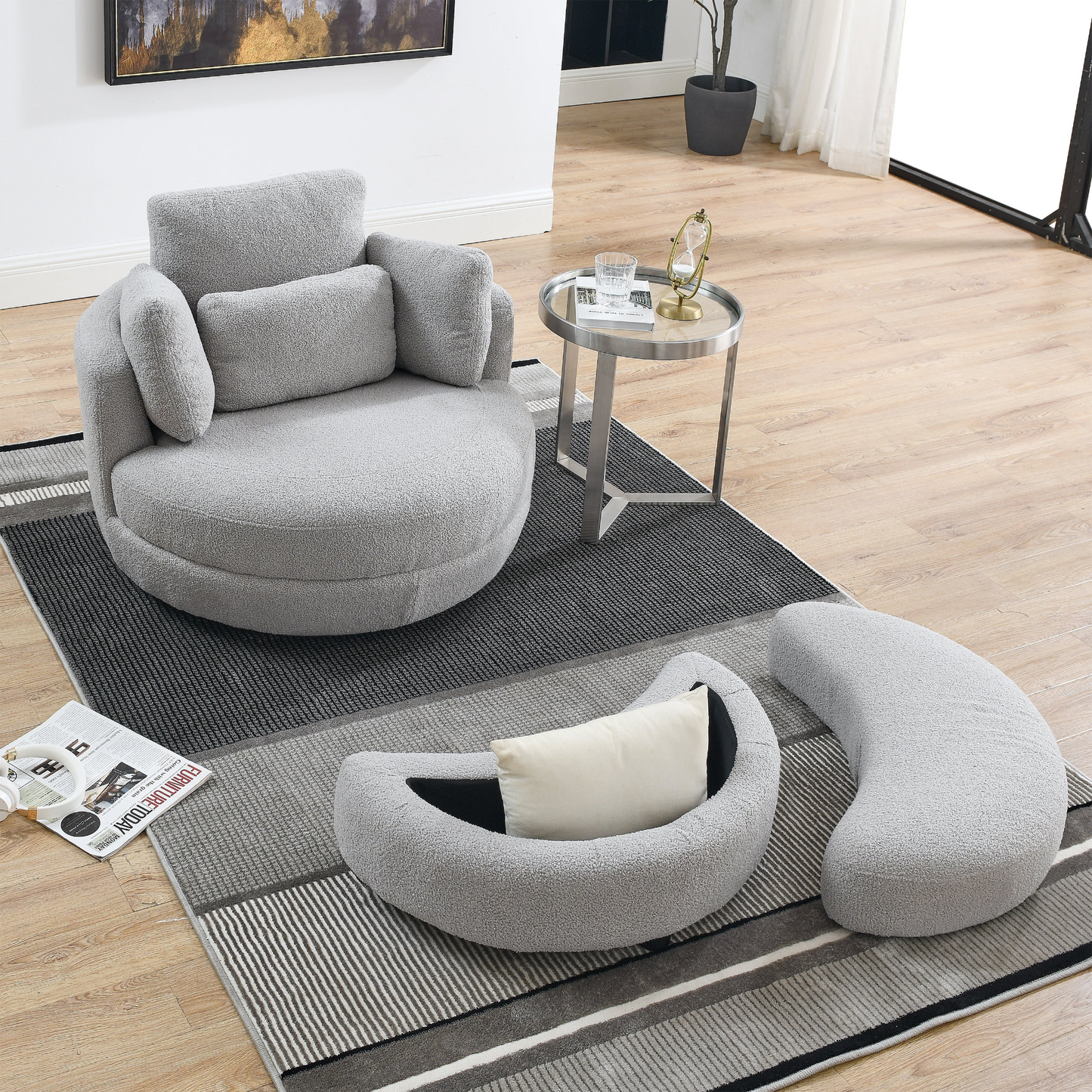 Sofa & Chair sets | Oversized Swivel Chair with moon storage ottoman for Living Room, Modern Accent Round Loveseat Circle Swivel Barrel Chairs for Bedroom Cuddle Sofa Chair Lounger Armchair, 4 Pillows, Teddy Fabric | casafoyer.myshopify.com