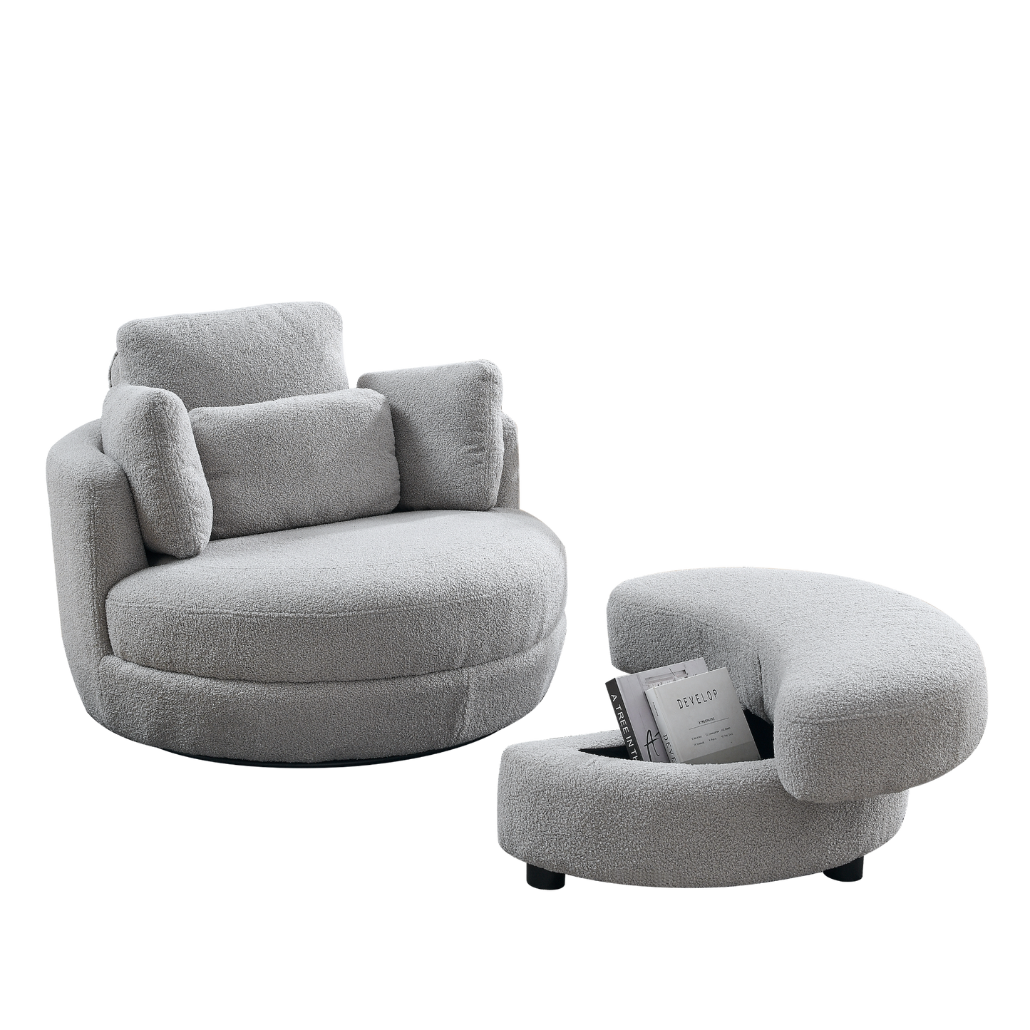 Sofa & Chair sets | Oversized Swivel Chair with moon storage ottoman for Living Room, Modern Accent Round Loveseat Circle Swivel Barrel Chairs for Bedroom Cuddle Sofa Chair Lounger Armchair, 4 Pillows, Teddy Fabric | casafoyer.myshopify.com