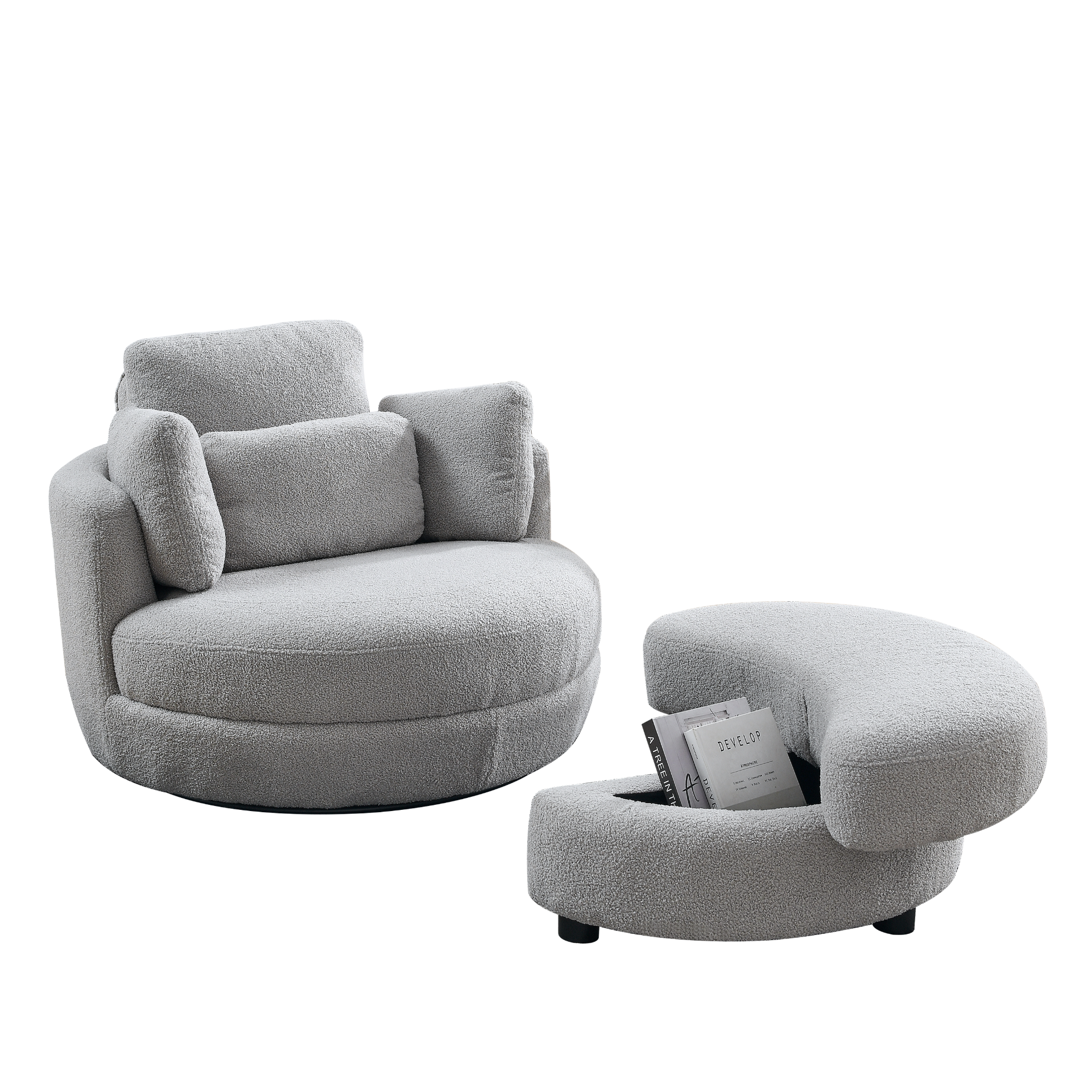 Sofa & Chair sets | Oversized Swivel Chair with moon storage ottoman for Living Room, Modern Accent Round Loveseat Circle Swivel Barrel Chairs for Bedroom Cuddle Sofa Chair Lounger Armchair, 4 Pillows, Teddy Fabric | casafoyer.myshopify.com