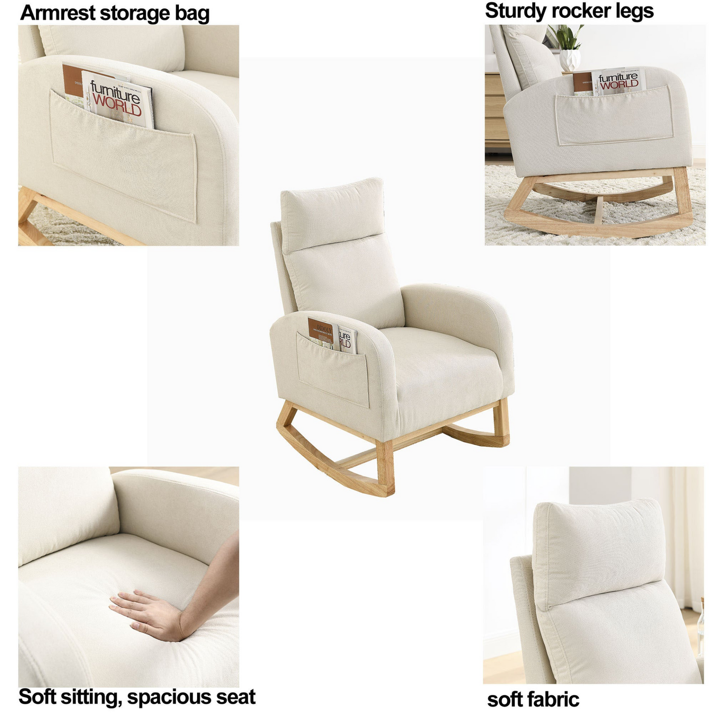 Sofa & Chair sets | Modern Accent High Backrest Living Room Lounge Arm Rocking Chair, Two Side Pocket | casafoyer.myshopify.com