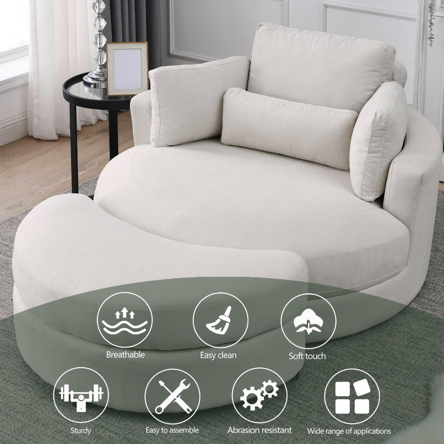 Sofa & Chair sets | Swivel Accent Barrel Modern Sofa Lounge Club Big Round Chair with Storage Ottoman Linen Fabric for Living Room Hotel with Pillows | casafoyer.myshopify.com