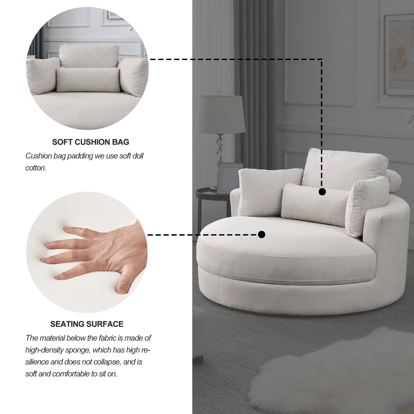 Sofa & Chair sets | Swivel Accent Barrel Modern Sofa Lounge Club Big Round Chair with Storage Ottoman Linen Fabric for Living Room Hotel with Pillows | casafoyer.myshopify.com