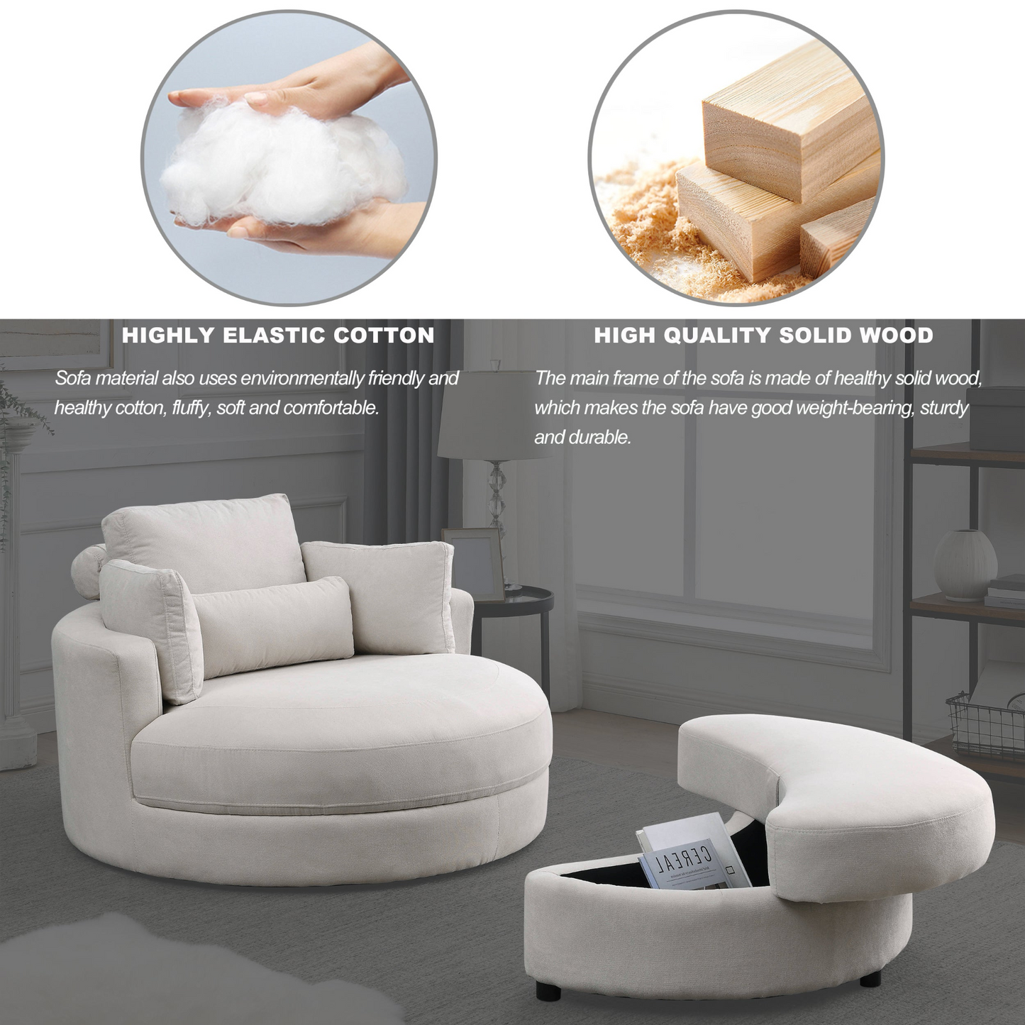 Sofa & Chair sets | Swivel Accent Barrel Modern Sofa Lounge Club Big Round Chair with Storage Ottoman Linen Fabric for Living Room Hotel with Pillows | casafoyer.myshopify.com