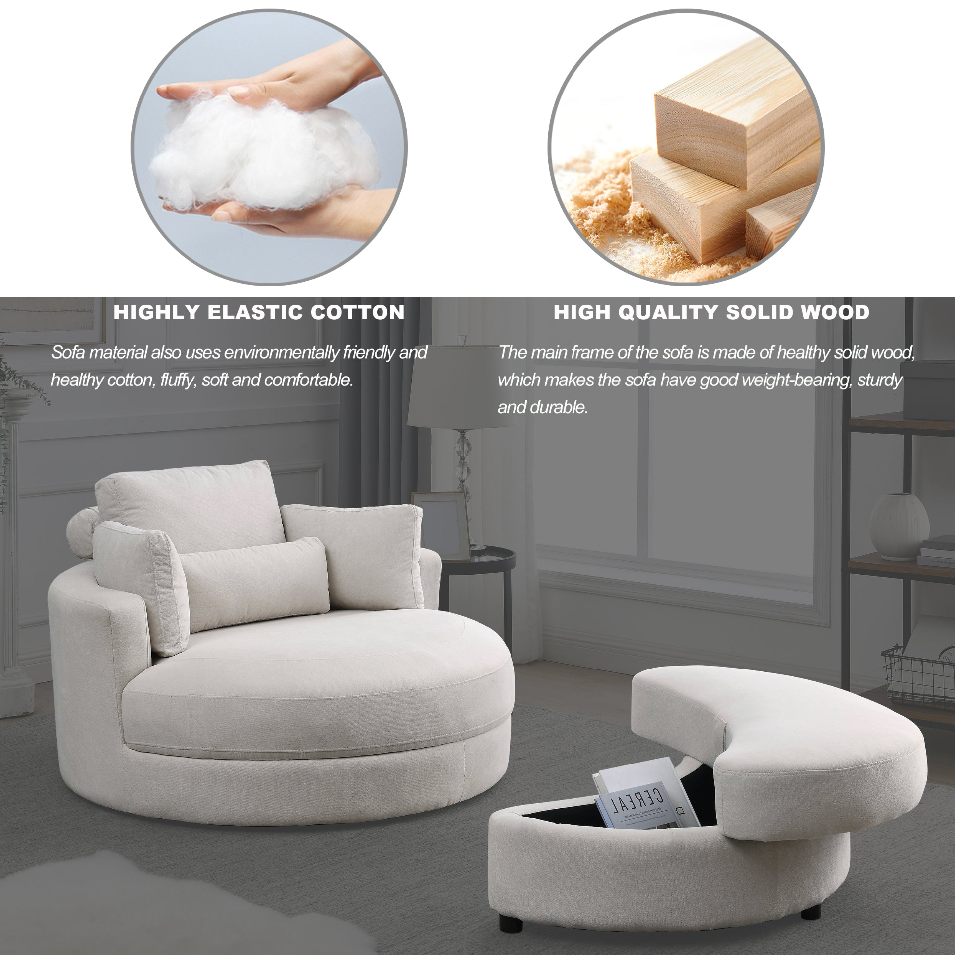 Sofa & Chair sets | Swivel Accent Barrel Modern Sofa Lounge Club Big Round Chair with Storage Ottoman Linen Fabric for Living Room Hotel with Pillows | casafoyer.myshopify.com