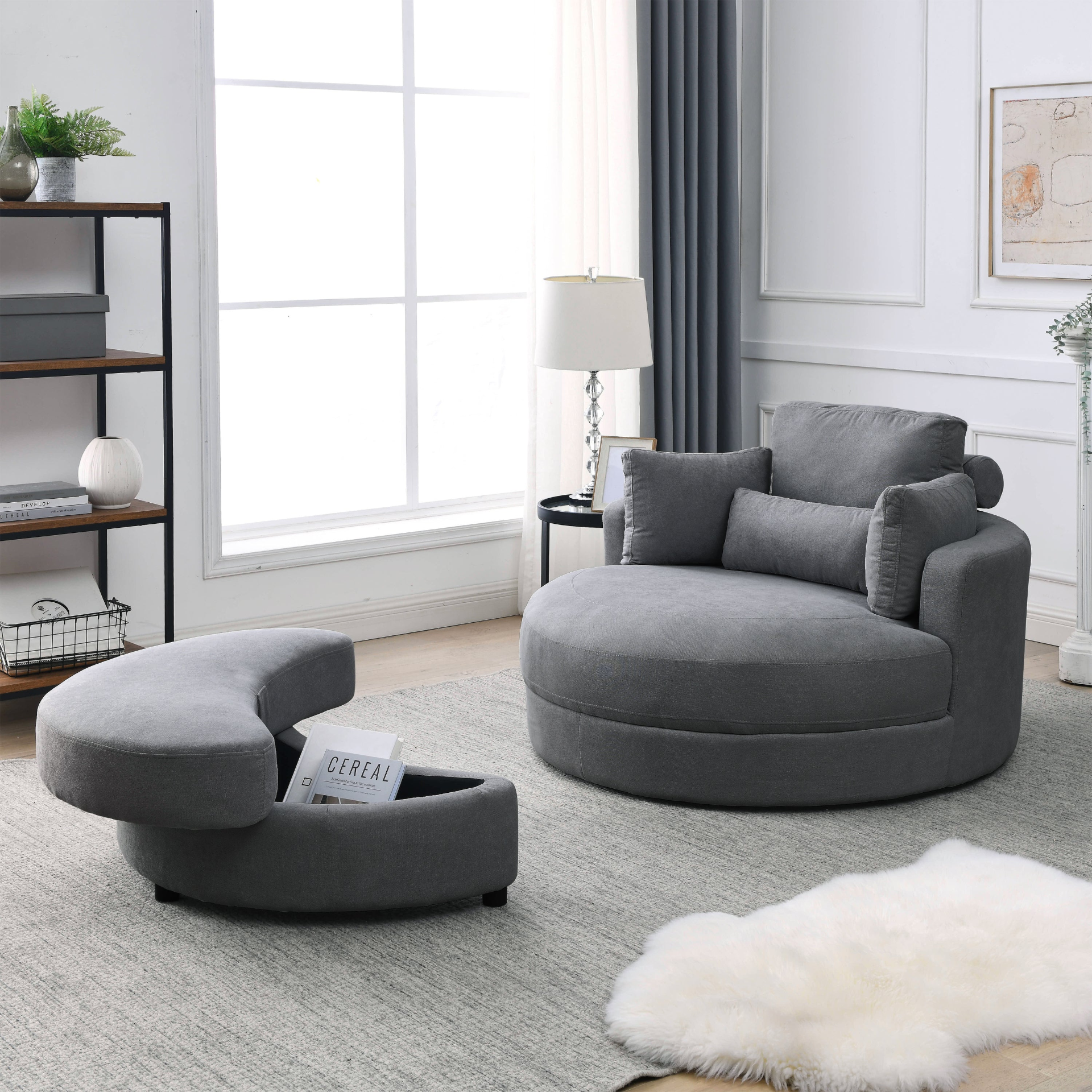 Sofa & Chair sets | Swivel Accent Barrel Modern Dark Grey Sofa Lounge Club Big Round Chair with Storage Ottoman Linen Fabric for Living Room Hotel with Pillows,2PCS. | casafoyer.myshopify.com