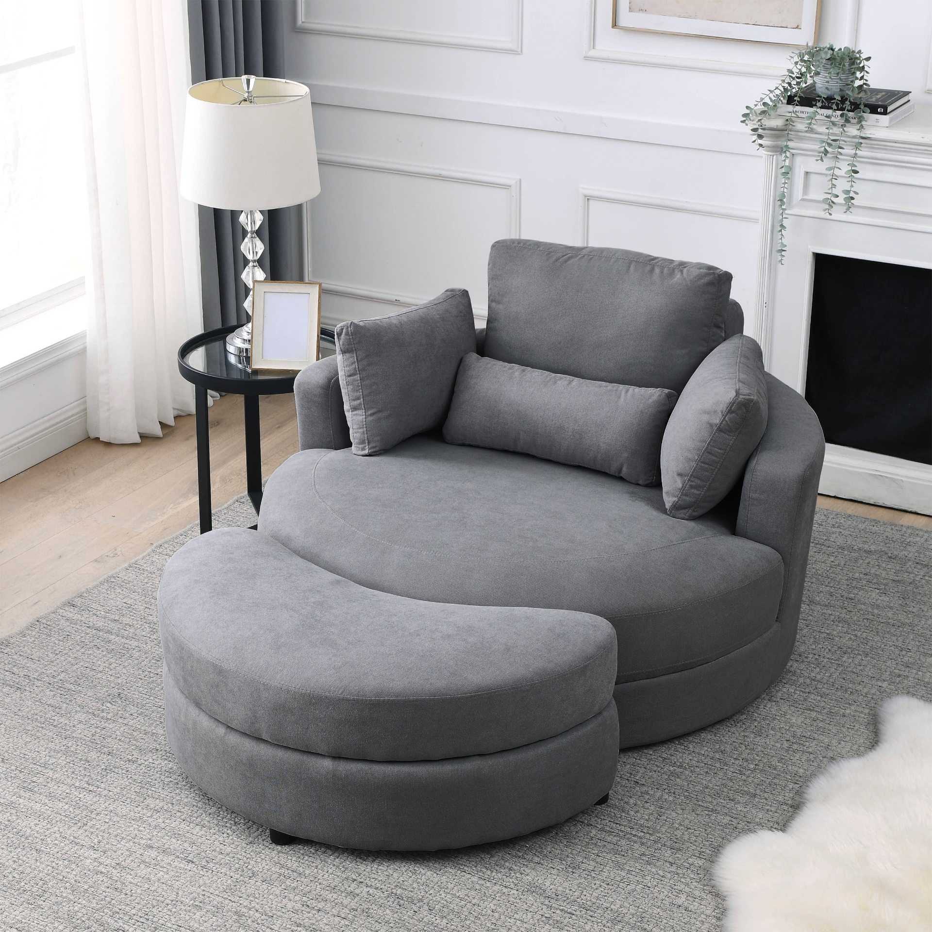 Sofa & Chair sets | Swivel Accent Barrel Modern Dark Grey Sofa Lounge Club Big Round Chair with Storage Ottoman Linen Fabric for Living Room Hotel with Pillows,2PCS. | casafoyer.myshopify.com