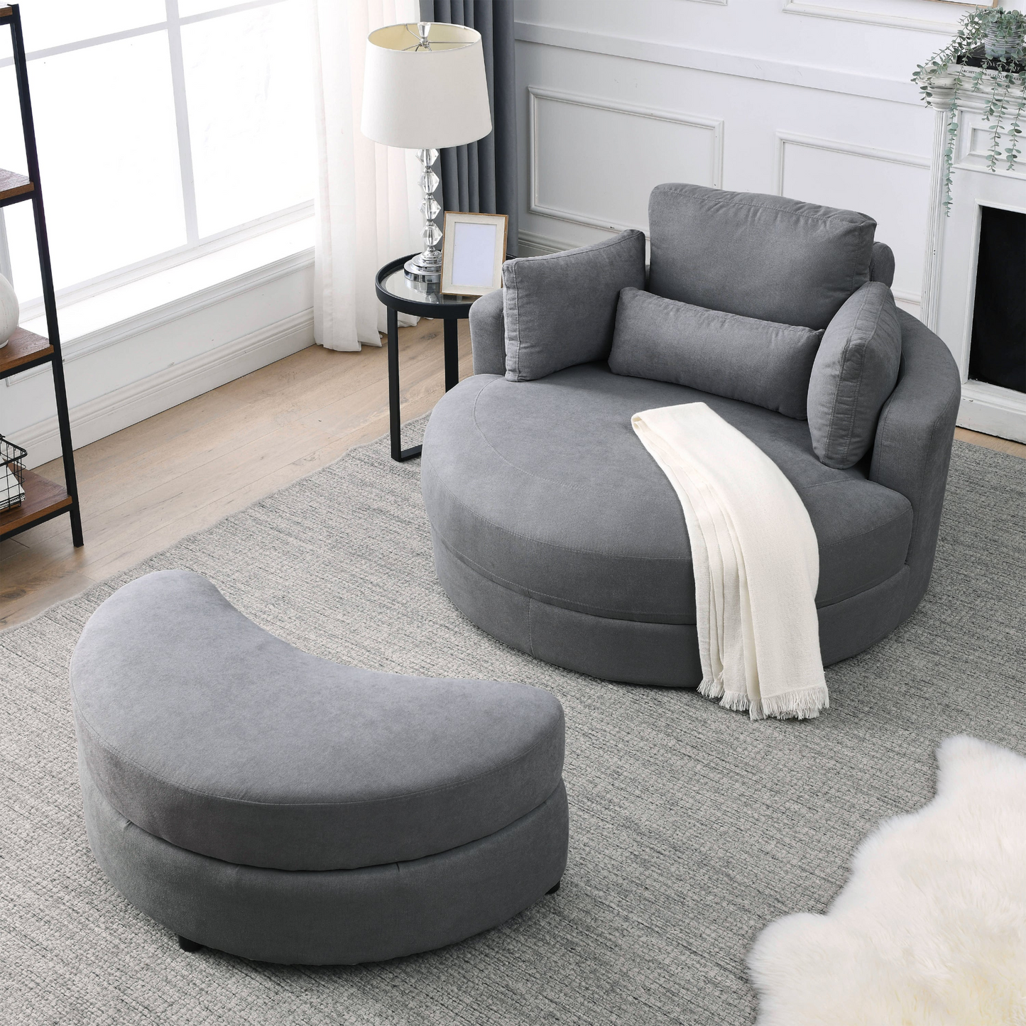 Sofa & Chair sets | Swivel Accent Barrel Modern Dark Grey Sofa Lounge Club Big Round Chair with Storage Ottoman Linen Fabric for Living Room Hotel with Pillows,2PCS. | casafoyer.myshopify.com