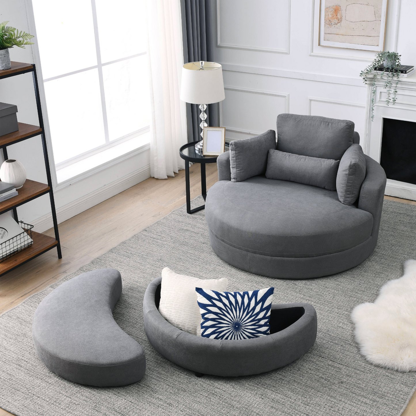 Sofa & Chair sets | Swivel Accent Barrel Modern Dark Grey Sofa Lounge Club Big Round Chair with Storage Ottoman Linen Fabric for Living Room Hotel with Pillows,2PCS. | casafoyer.myshopify.com