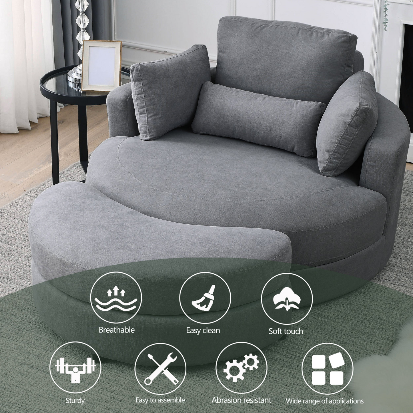 Sofa & Chair sets | Swivel Accent Barrel Modern Dark Grey Sofa Lounge Club Big Round Chair with Storage Ottoman Linen Fabric for Living Room Hotel with Pillows,2PCS. | casafoyer.myshopify.com