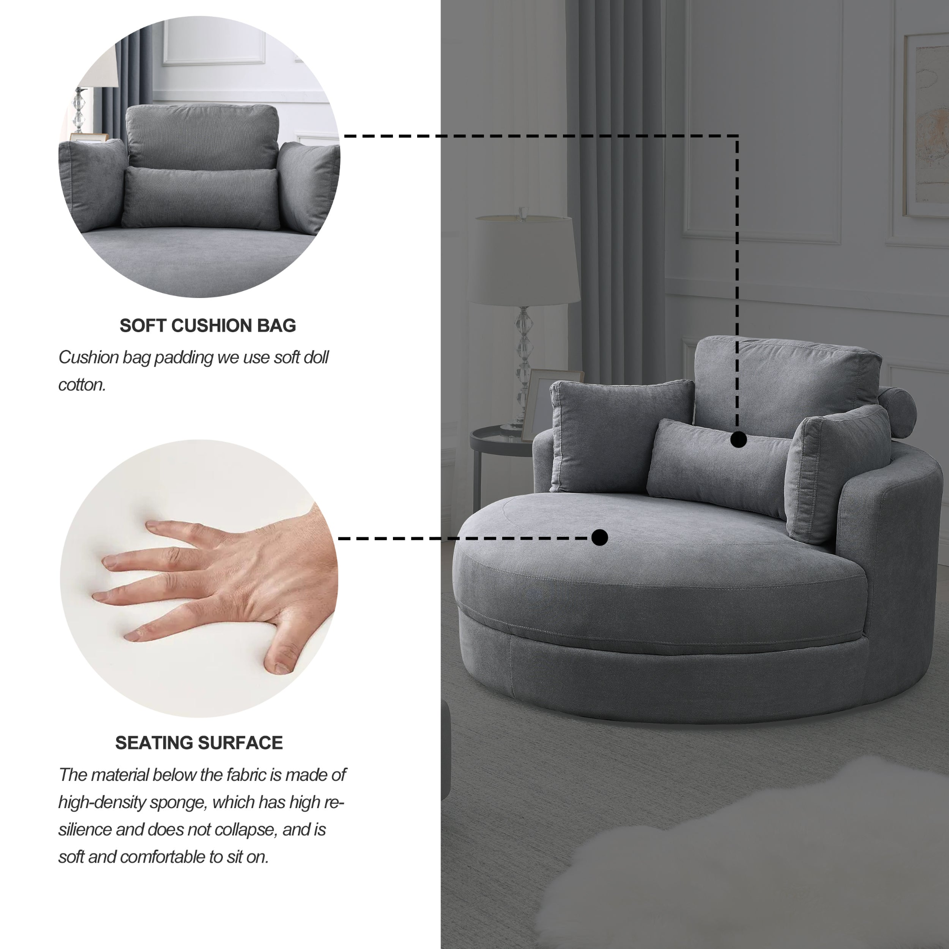 Sofa & Chair sets | Swivel Accent Barrel Modern Dark Grey Sofa Lounge Club Big Round Chair with Storage Ottoman Linen Fabric for Living Room Hotel with Pillows,2PCS. | casafoyer.myshopify.com