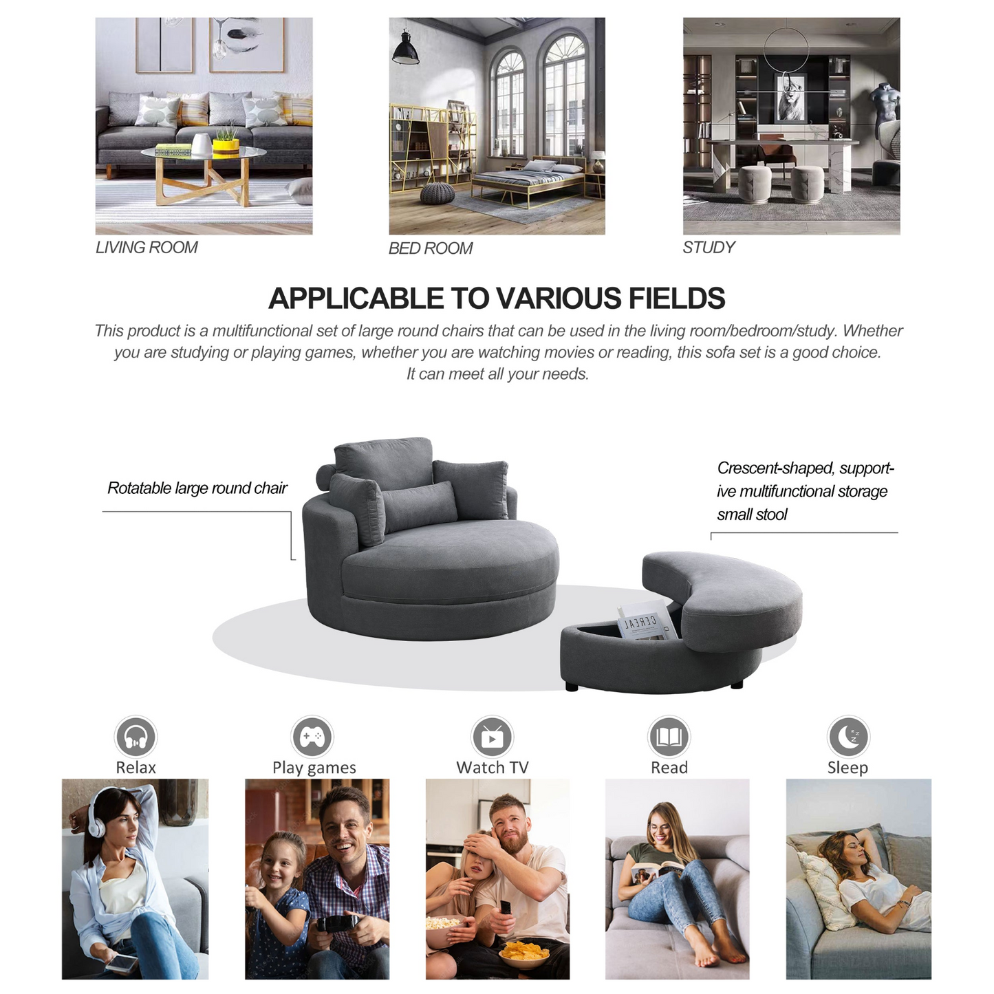 Sofa & Chair sets | Swivel Accent Barrel Modern Dark Grey Sofa Lounge Club Big Round Chair with Storage Ottoman Linen Fabric for Living Room Hotel with Pillows,2PCS. | casafoyer.myshopify.com