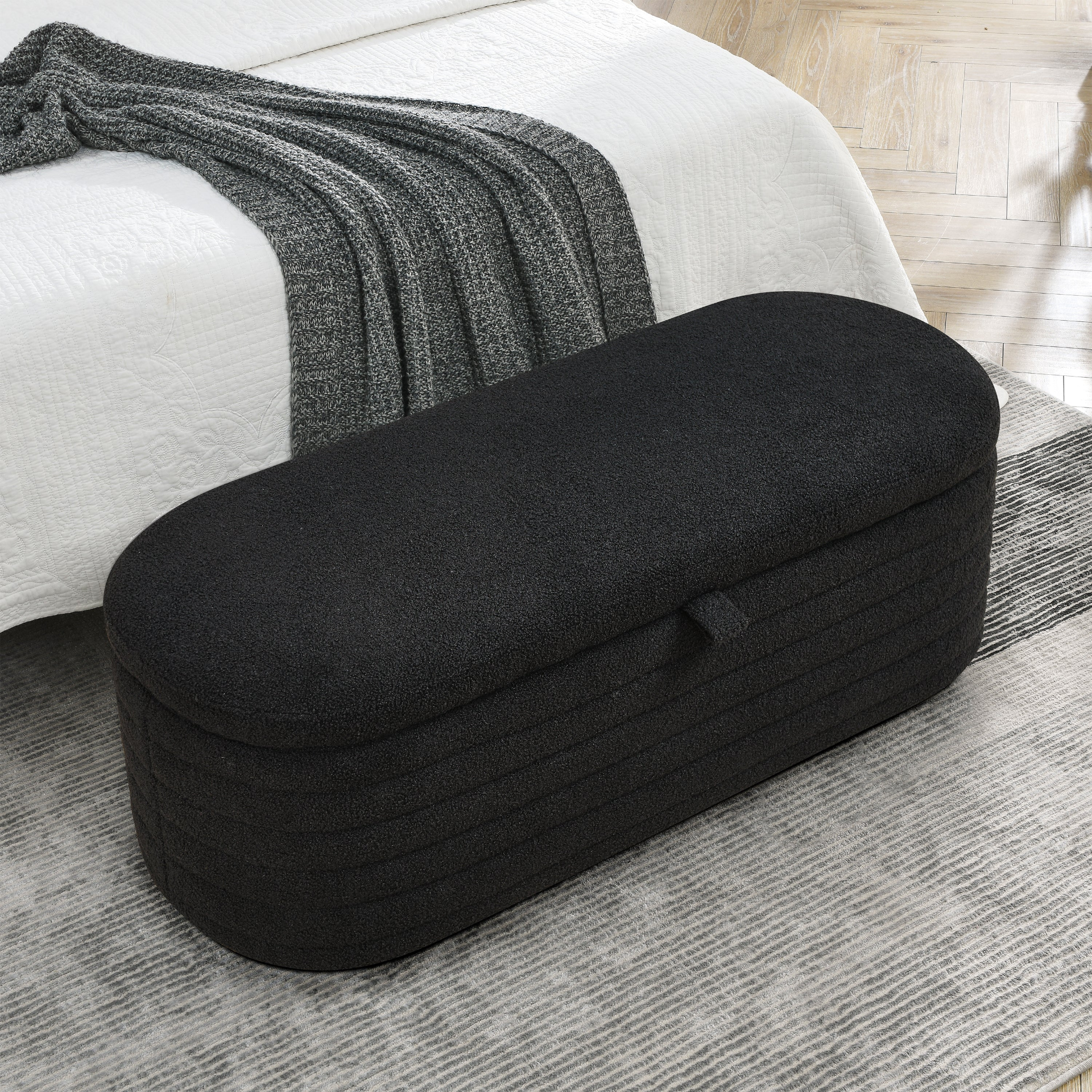 [product_type] | Length 45.5 inches Storage Ottoman Bench Upholstered Fabric Storage Bench End of Bed Stool with Safety Hinge - Black Teddy | casafoyer.myshopify.com