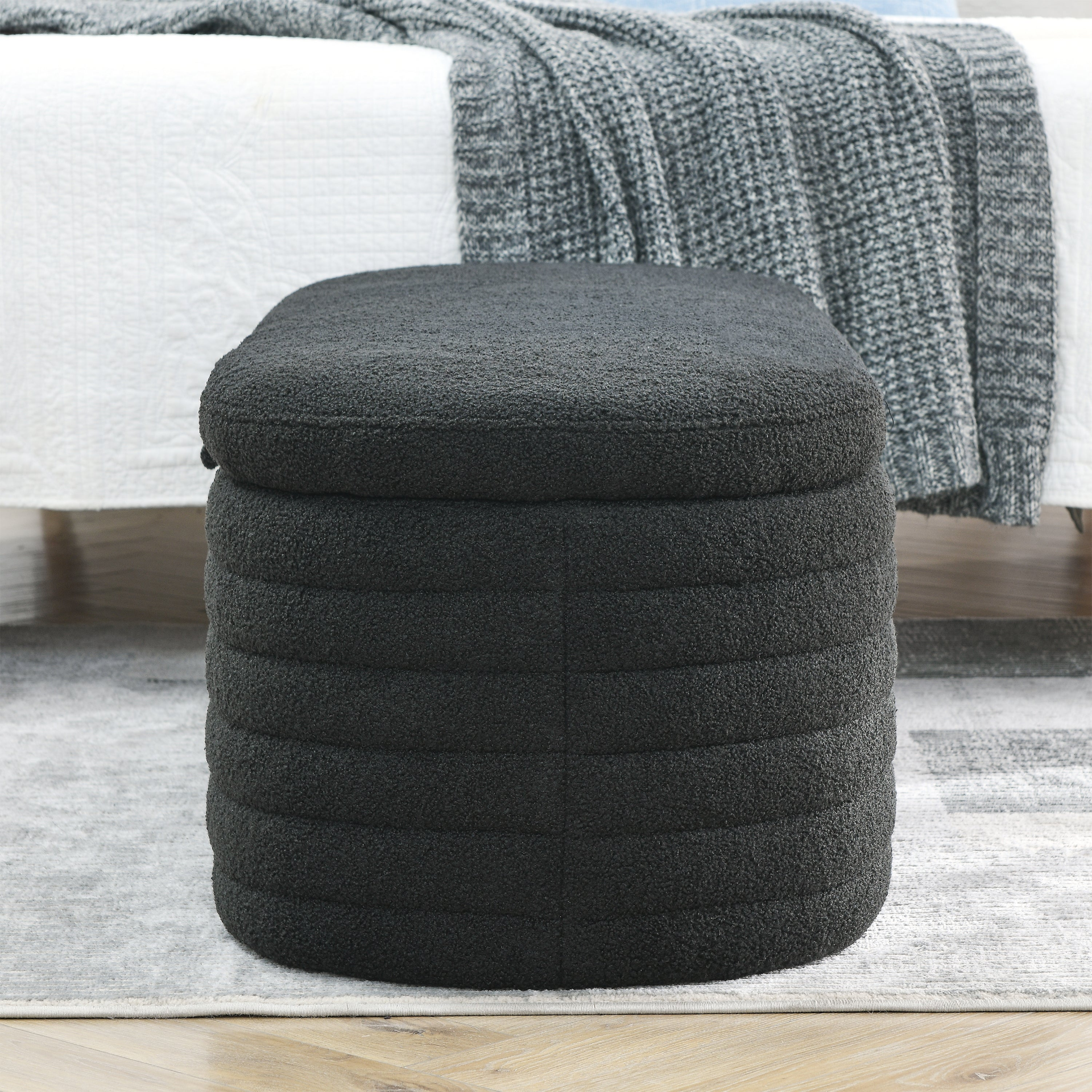 [product_type] | Length 45.5 inches Storage Ottoman Bench Upholstered Fabric Storage Bench End of Bed Stool with Safety Hinge - Black Teddy | casafoyer.myshopify.com