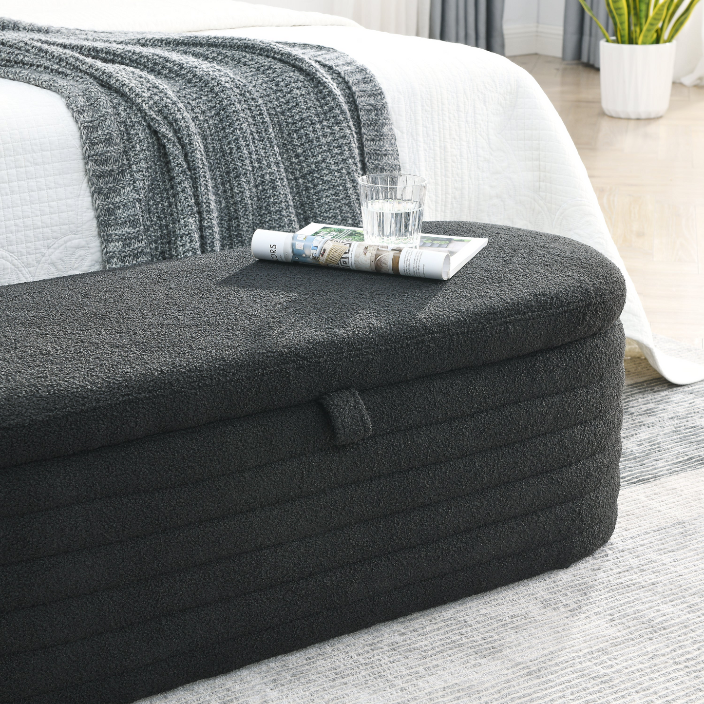 [product_type] | Length 45.5 inches Storage Ottoman Bench Upholstered Fabric Storage Bench End of Bed Stool with Safety Hinge - Black Teddy | casafoyer.myshopify.com