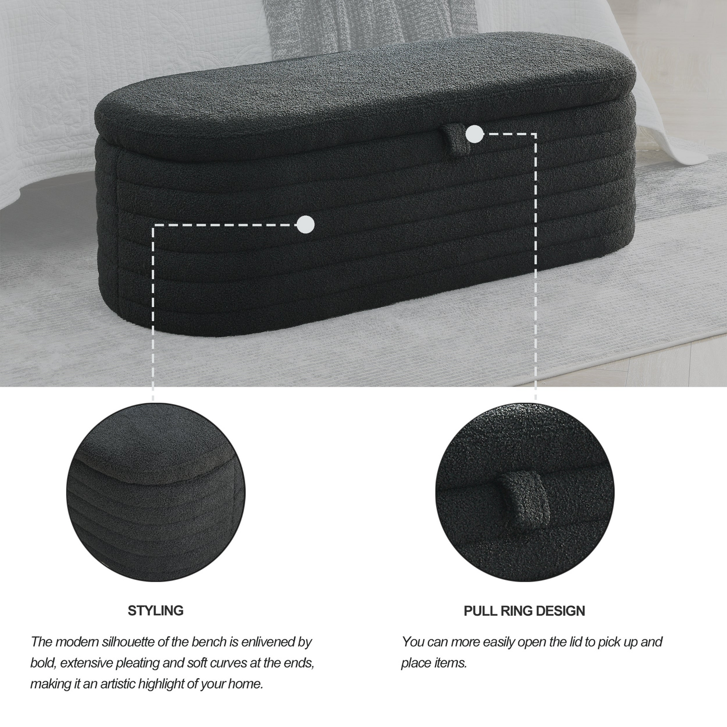 [product_type] | Length 45.5 inches Storage Ottoman Bench Upholstered Fabric Storage Bench End of Bed Stool with Safety Hinge - Black Teddy | casafoyer.myshopify.com