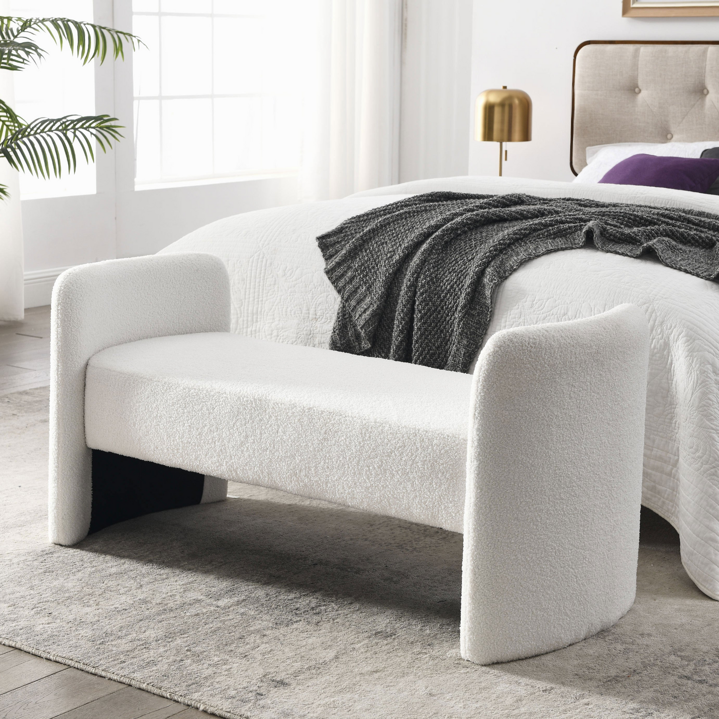 [product_type] | 52" Bench for Bedroom End of Bed Modern Contemporary Design Ottoman Couch Long Bench Window Sitting Fireplace Bench, Teddy White (Ivory) | casafoyer.myshopify.com