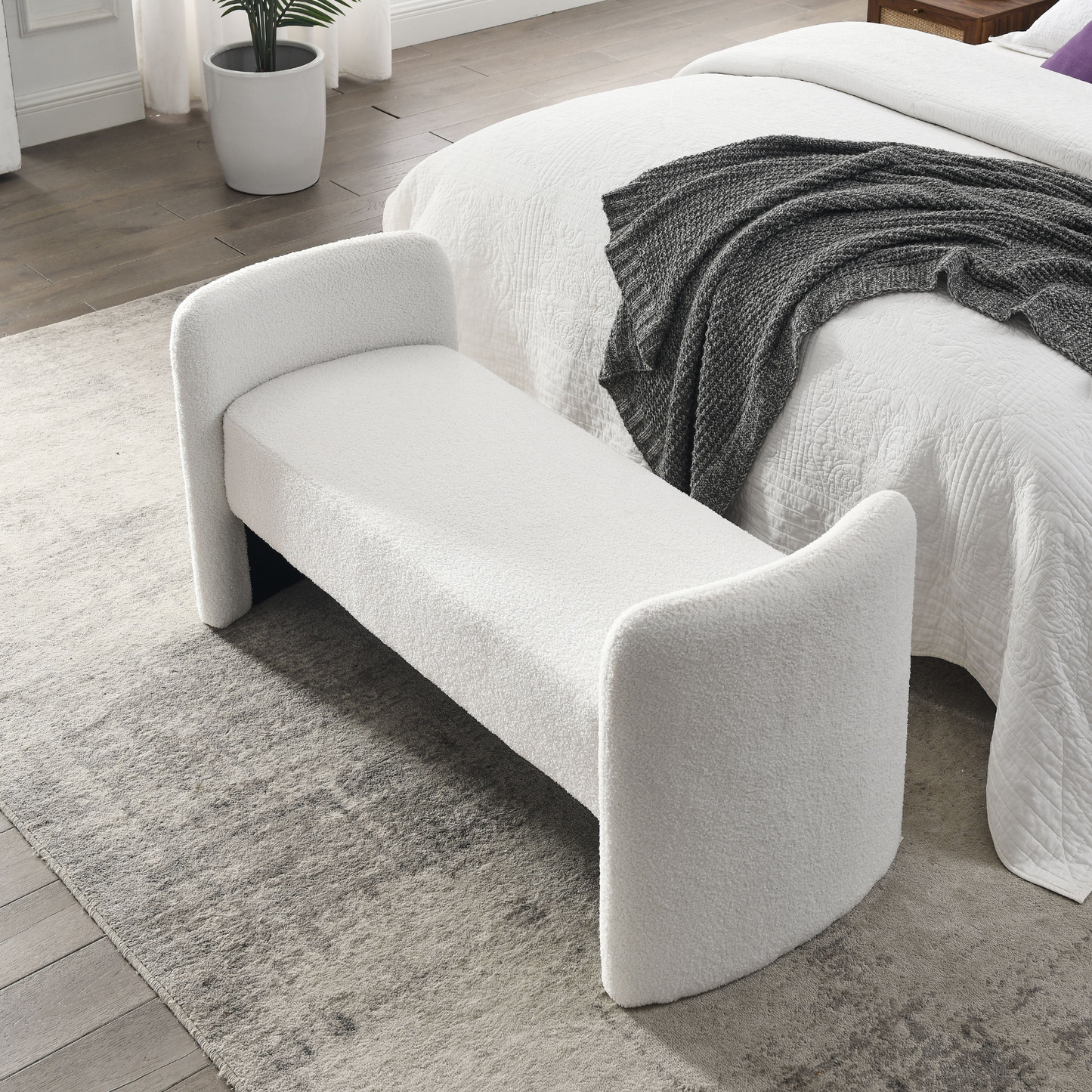 [product_type] | 52" Bench for Bedroom End of Bed Modern Contemporary Design Ottoman Couch Long Bench Window Sitting Fireplace Bench, Teddy White (Ivory) | casafoyer.myshopify.com