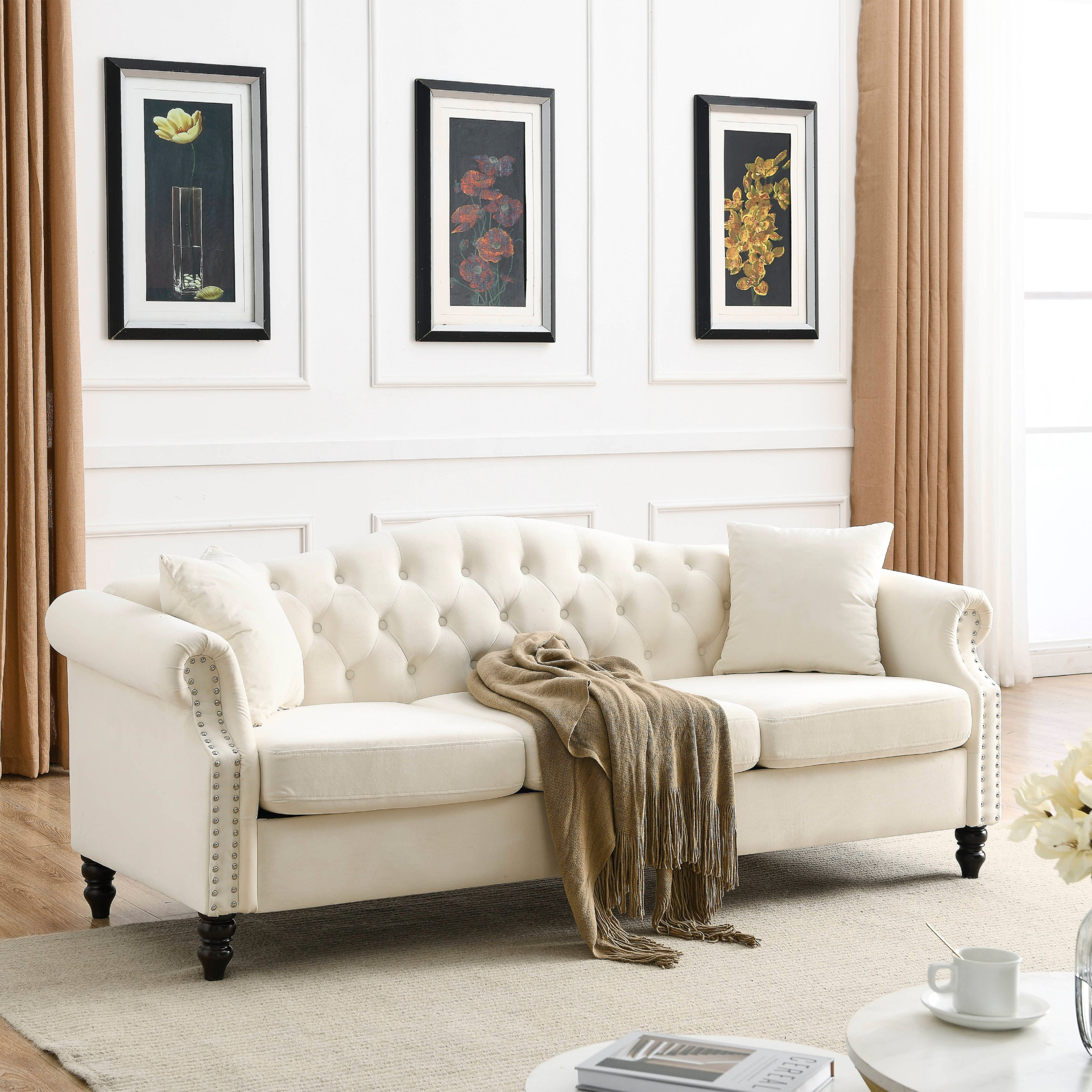 Sofa & Chair sets | Chesterfield Sofa Beige Velvet for Living Room, 3 Seater Sofa Tufted Couch with Rolled Arms and Nailhead for Living Room, Bedroom, Office, Apartment, two pillows | casafoyer.myshopify.com