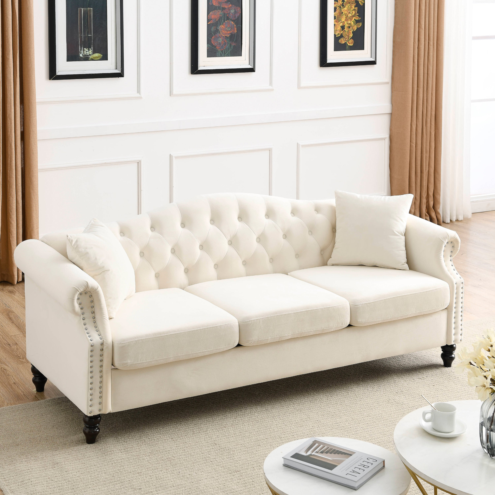 Sofa & Chair sets | Chesterfield Sofa Beige Velvet for Living Room, 3 Seater Sofa Tufted Couch with Rolled Arms and Nailhead for Living Room, Bedroom, Office, Apartment, two pillows | casafoyer.myshopify.com