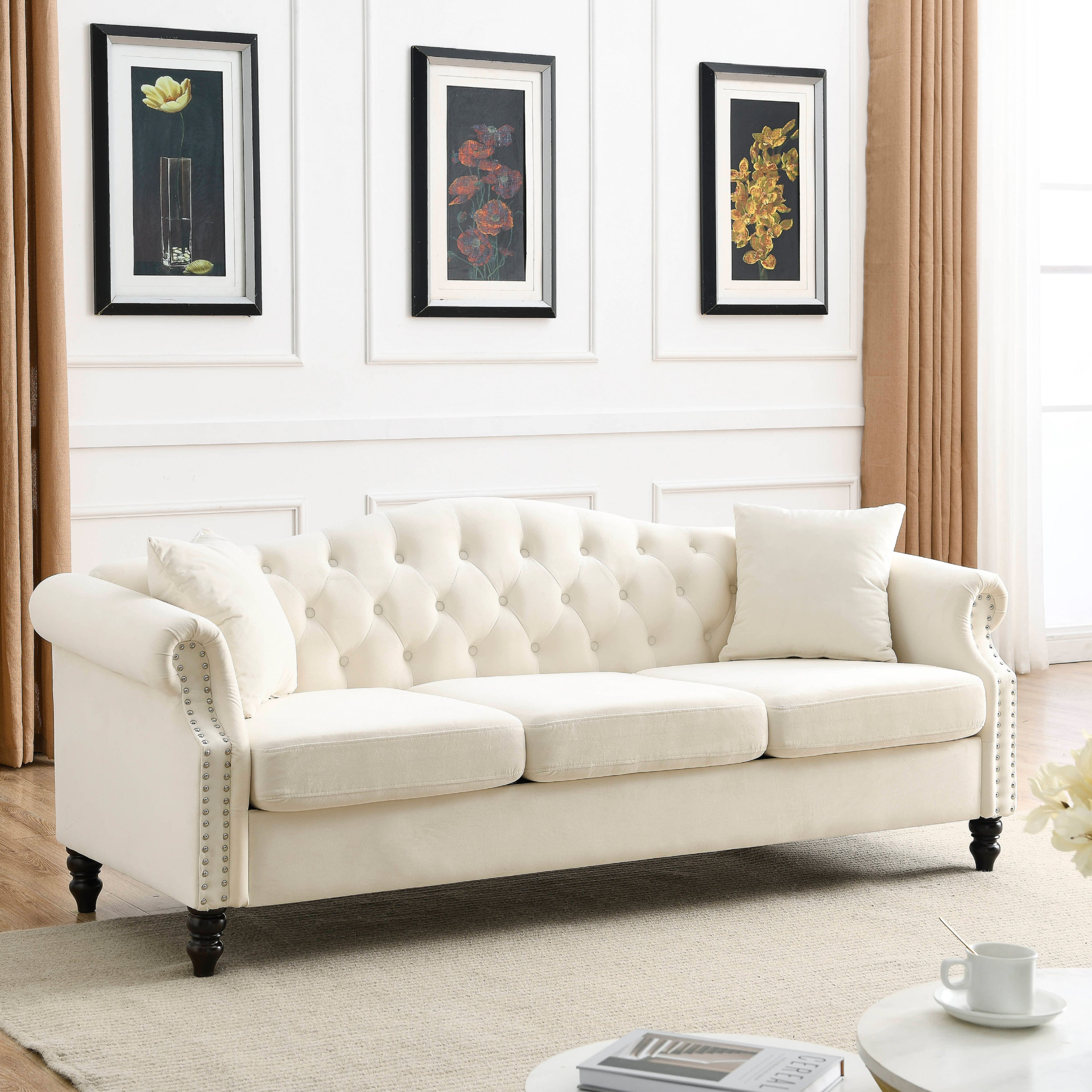 Sofa & Chair sets | Chesterfield Sofa Beige Velvet for Living Room, 3 Seater Sofa Tufted Couch with Rolled Arms and Nailhead for Living Room, Bedroom, Office, Apartment, two pillows | casafoyer.myshopify.com