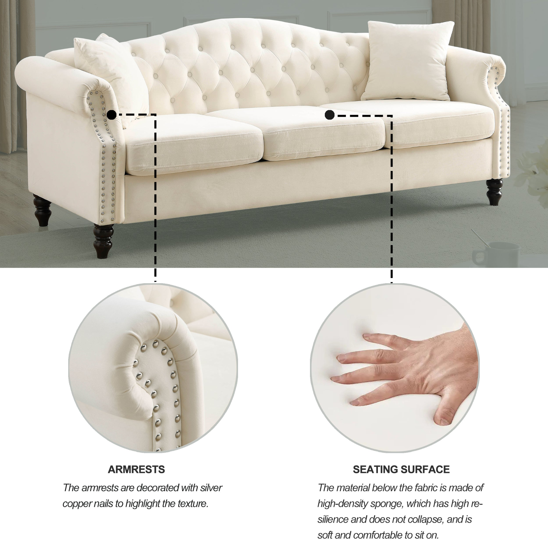 Sofa & Chair sets | Chesterfield Sofa Beige Velvet for Living Room, 3 Seater Sofa Tufted Couch with Rolled Arms and Nailhead for Living Room, Bedroom, Office, Apartment, two pillows | casafoyer.myshopify.com