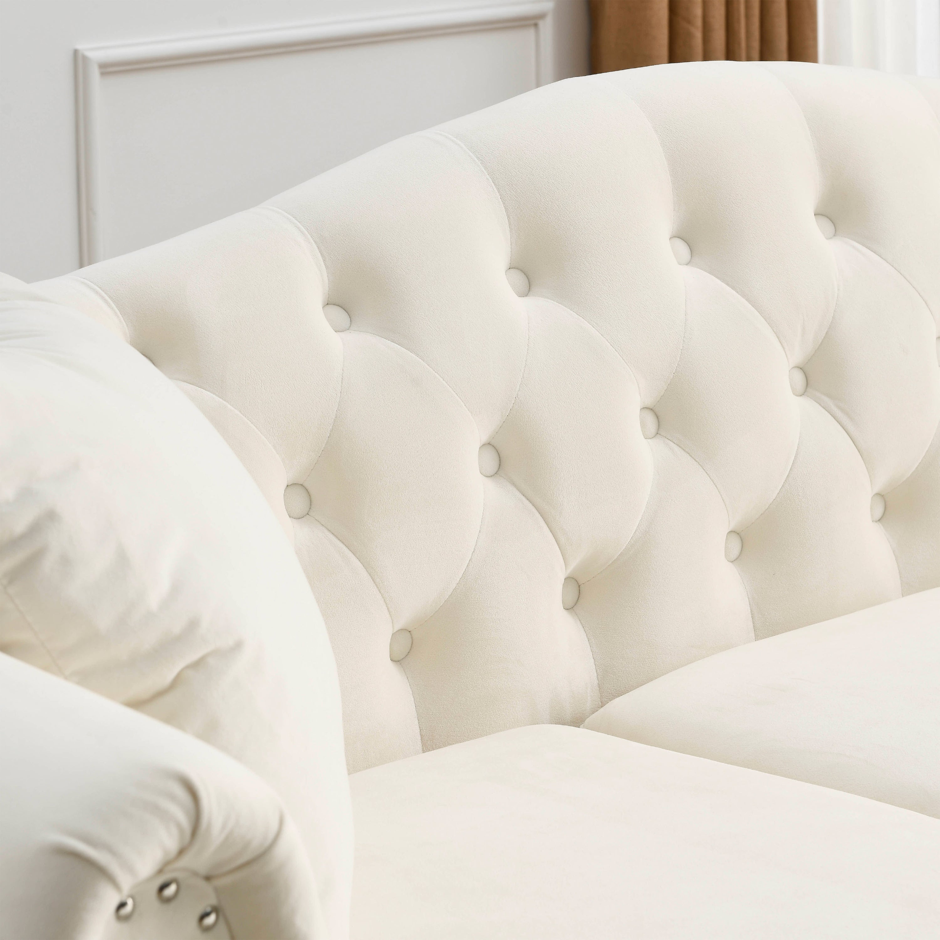 Sofa & Chair sets | Chesterfield Sofa Beige Velvet for Living Room, 3 Seater Sofa Tufted Couch with Rolled Arms and Nailhead for Living Room, Bedroom, Office, Apartment, two pillows | casafoyer.myshopify.com