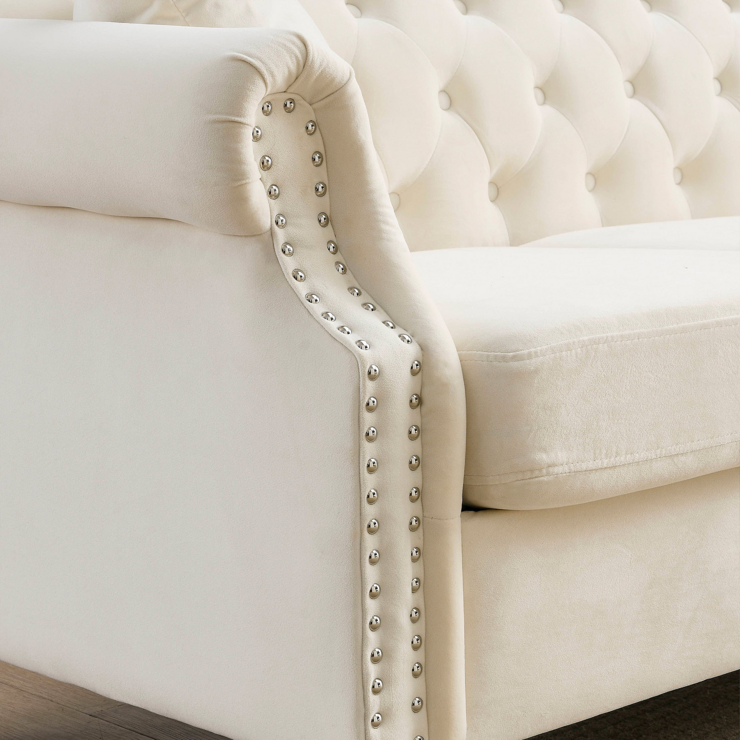 Sofa & Chair sets | Chesterfield Sofa Beige Velvet for Living Room, 3 Seater Sofa Tufted Couch with Rolled Arms and Nailhead for Living Room, Bedroom, Office, Apartment, two pillows | casafoyer.myshopify.com