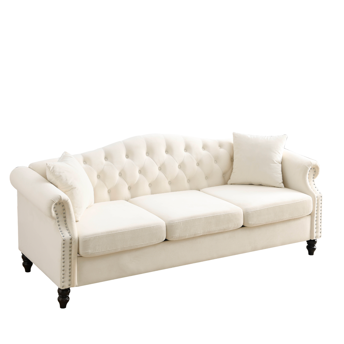 Sofa & Chair sets | Chesterfield Sofa Beige Velvet for Living Room, 3 Seater Sofa Tufted Couch with Rolled Arms and Nailhead for Living Room, Bedroom, Office, Apartment, two pillows | casafoyer.myshopify.com