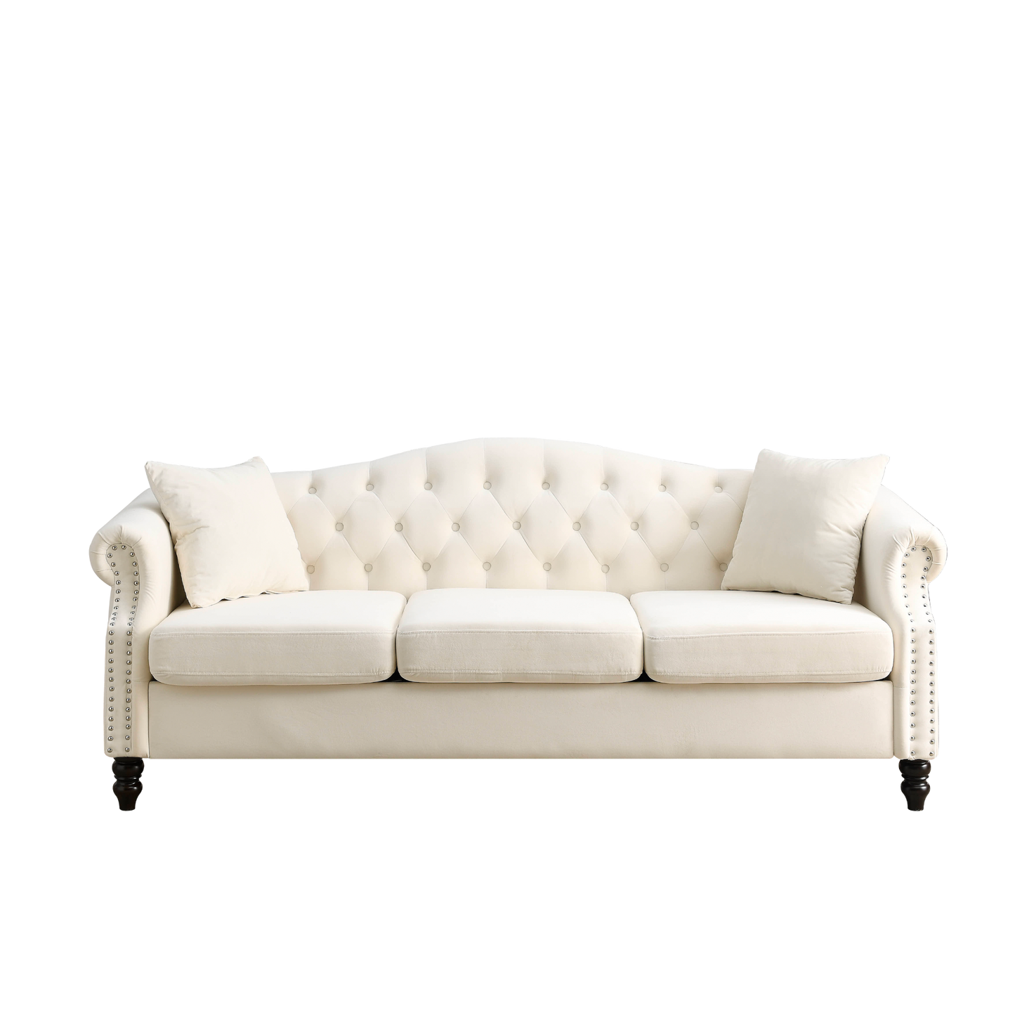 Sofa & Chair sets | Chesterfield Sofa Beige Velvet for Living Room, 3 Seater Sofa Tufted Couch with Rolled Arms and Nailhead for Living Room, Bedroom, Office, Apartment, two pillows | casafoyer.myshopify.com