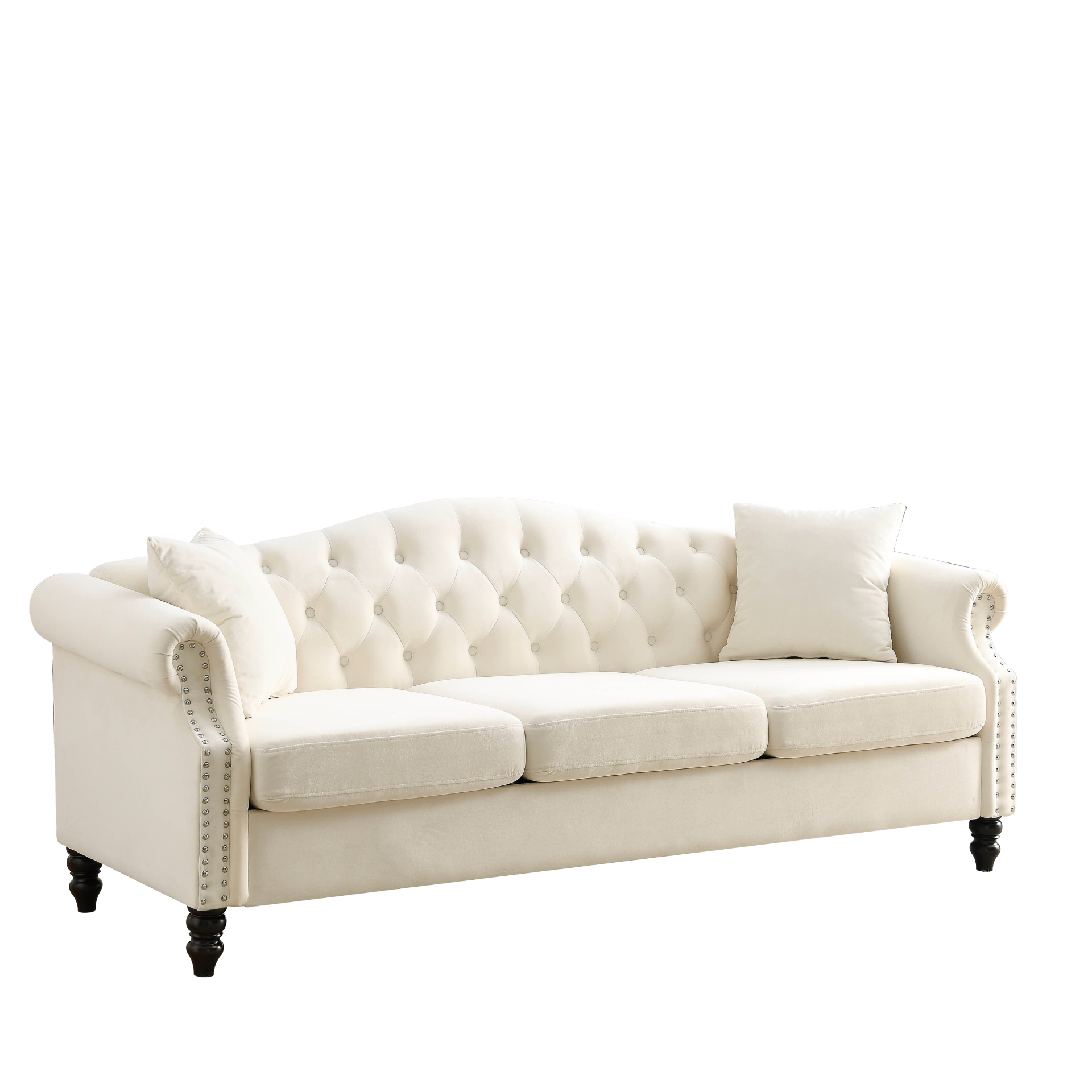 Sofa & Chair sets | Chesterfield Sofa Beige Velvet for Living Room, 3 Seater Sofa Tufted Couch with Rolled Arms and Nailhead for Living Room, Bedroom, Office, Apartment, two pillows | casafoyer.myshopify.com