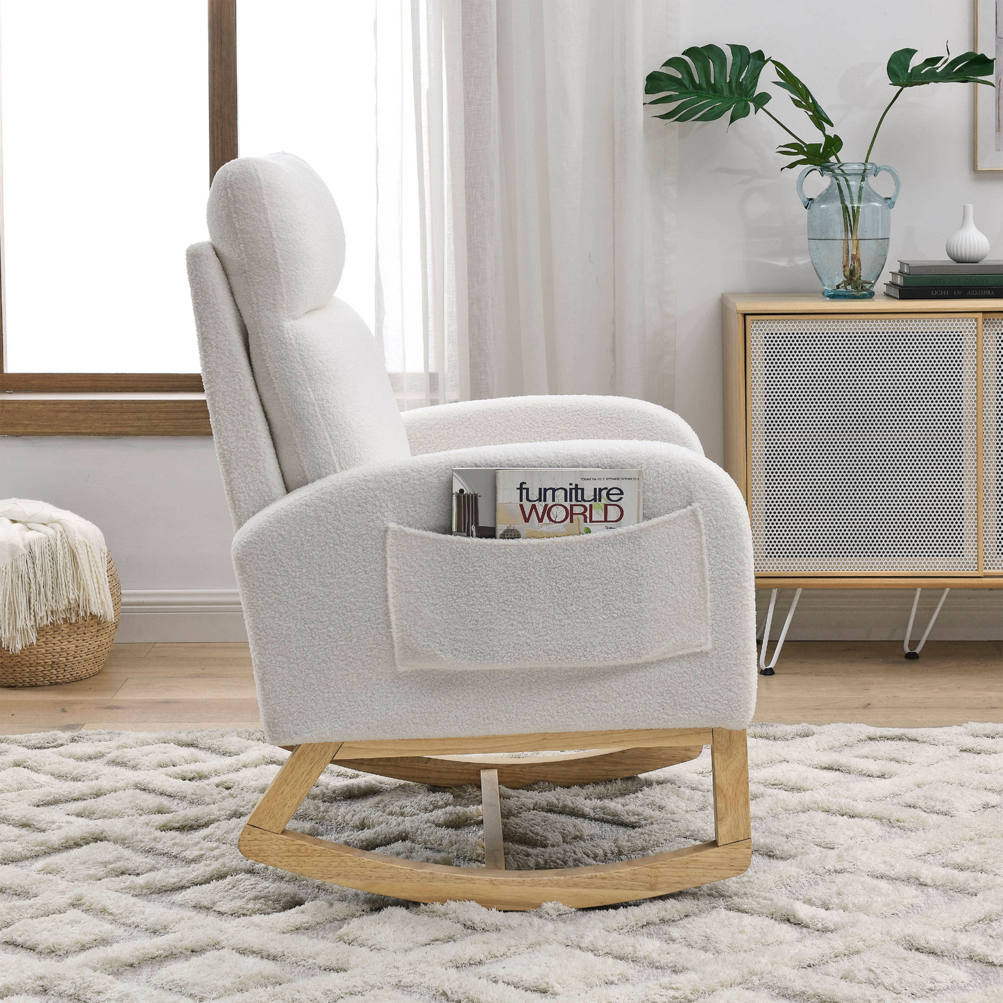 [product_type] | 27.6"W Modern Accent High Backrest Living Room Lounge Arm Rocking Chair, Two Side Pocket, Teddy White (Ivory) | casafoyer.myshopify.com