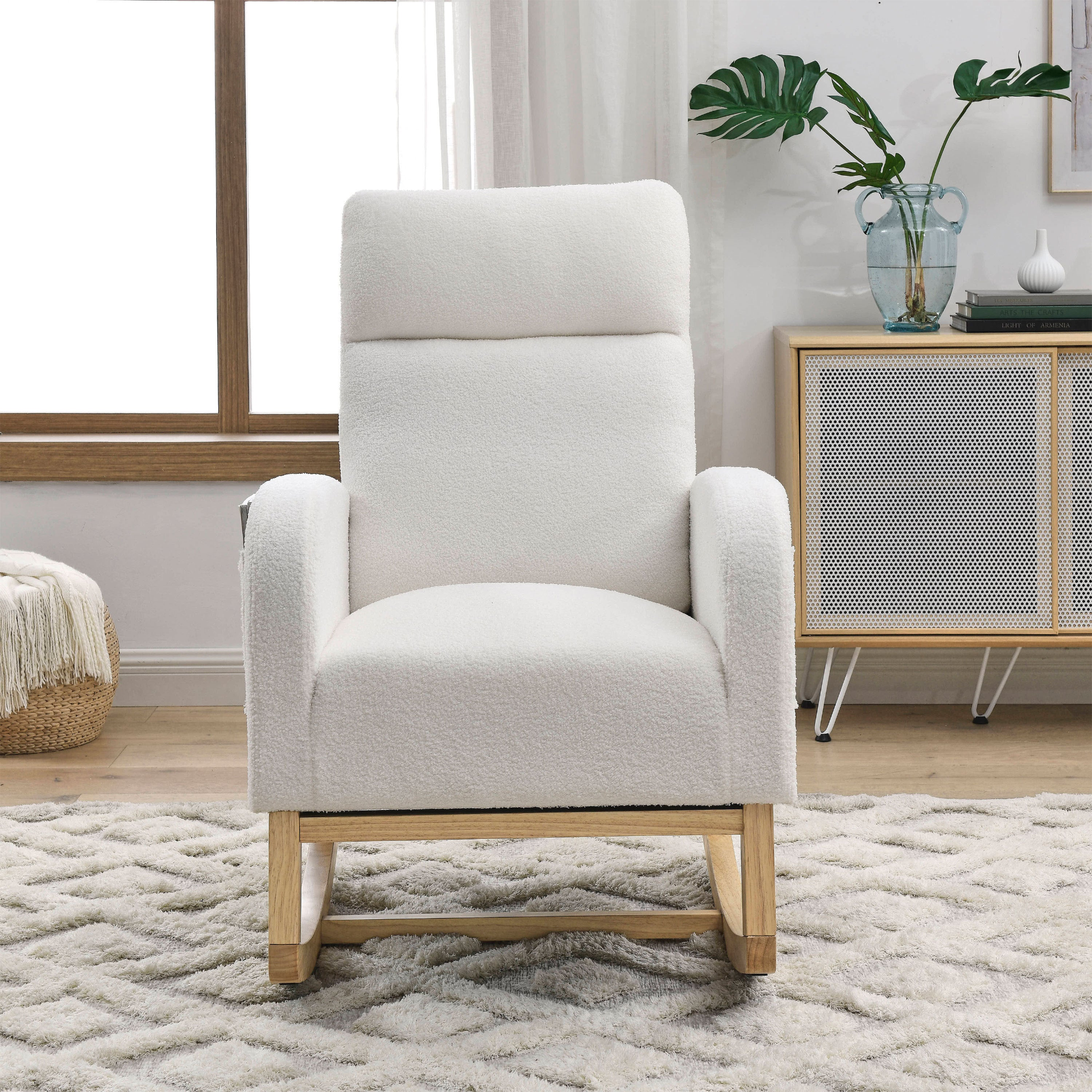 [product_type] | 27.6"W Modern Accent High Backrest Living Room Lounge Arm Rocking Chair, Two Side Pocket, Teddy White (Ivory) | casafoyer.myshopify.com