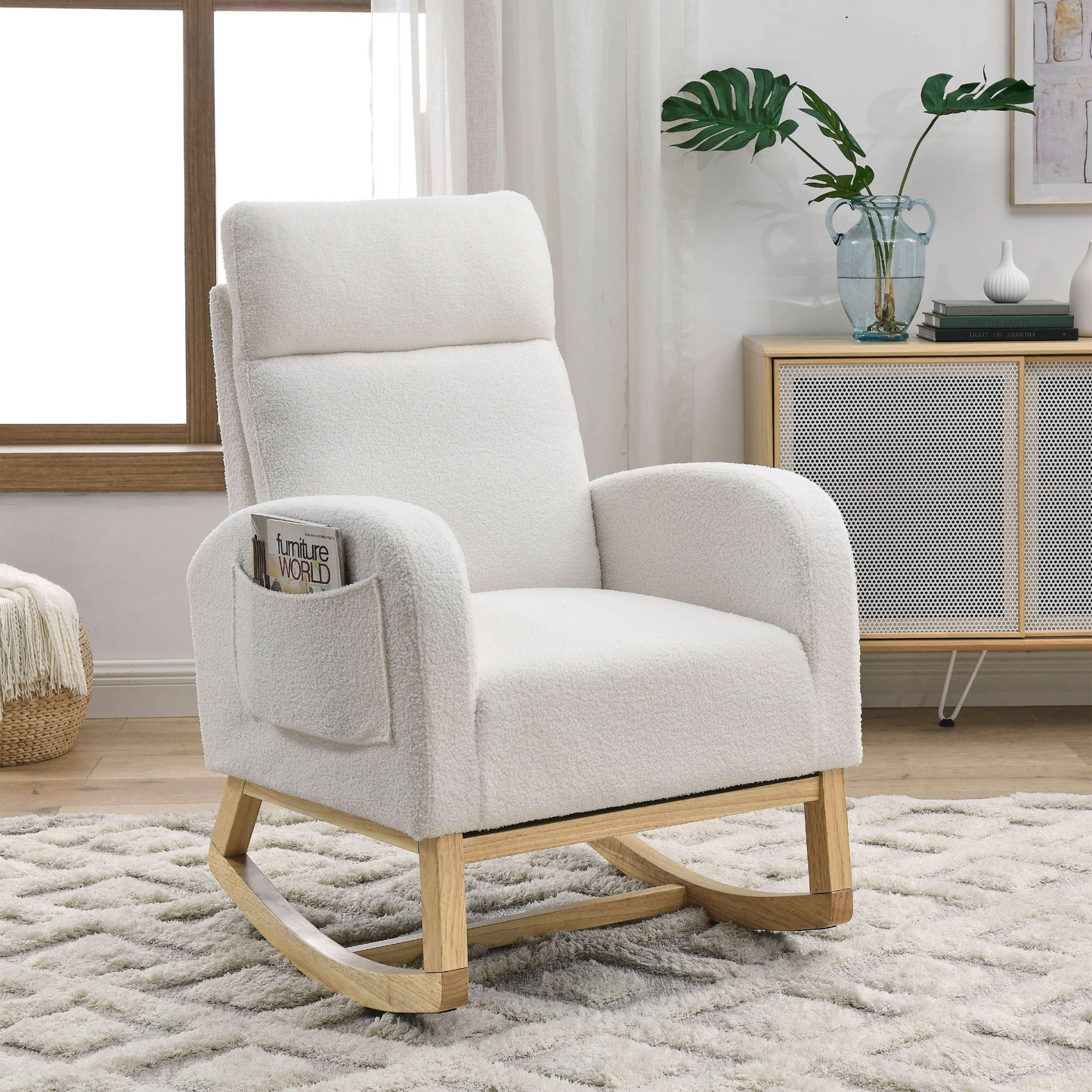 [product_type] | 27.6"W Modern Accent High Backrest Living Room Lounge Arm Rocking Chair, Two Side Pocket, Teddy White (Ivory) | casafoyer.myshopify.com