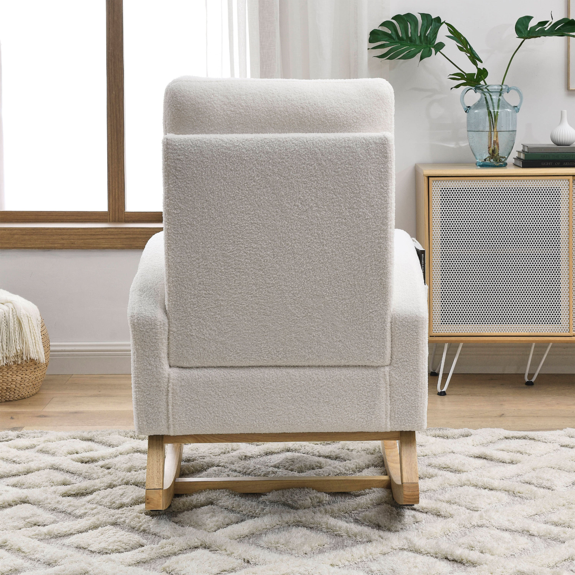 [product_type] | 27.6"W Modern Accent High Backrest Living Room Lounge Arm Rocking Chair, Two Side Pocket, Teddy White (Ivory) | casafoyer.myshopify.com