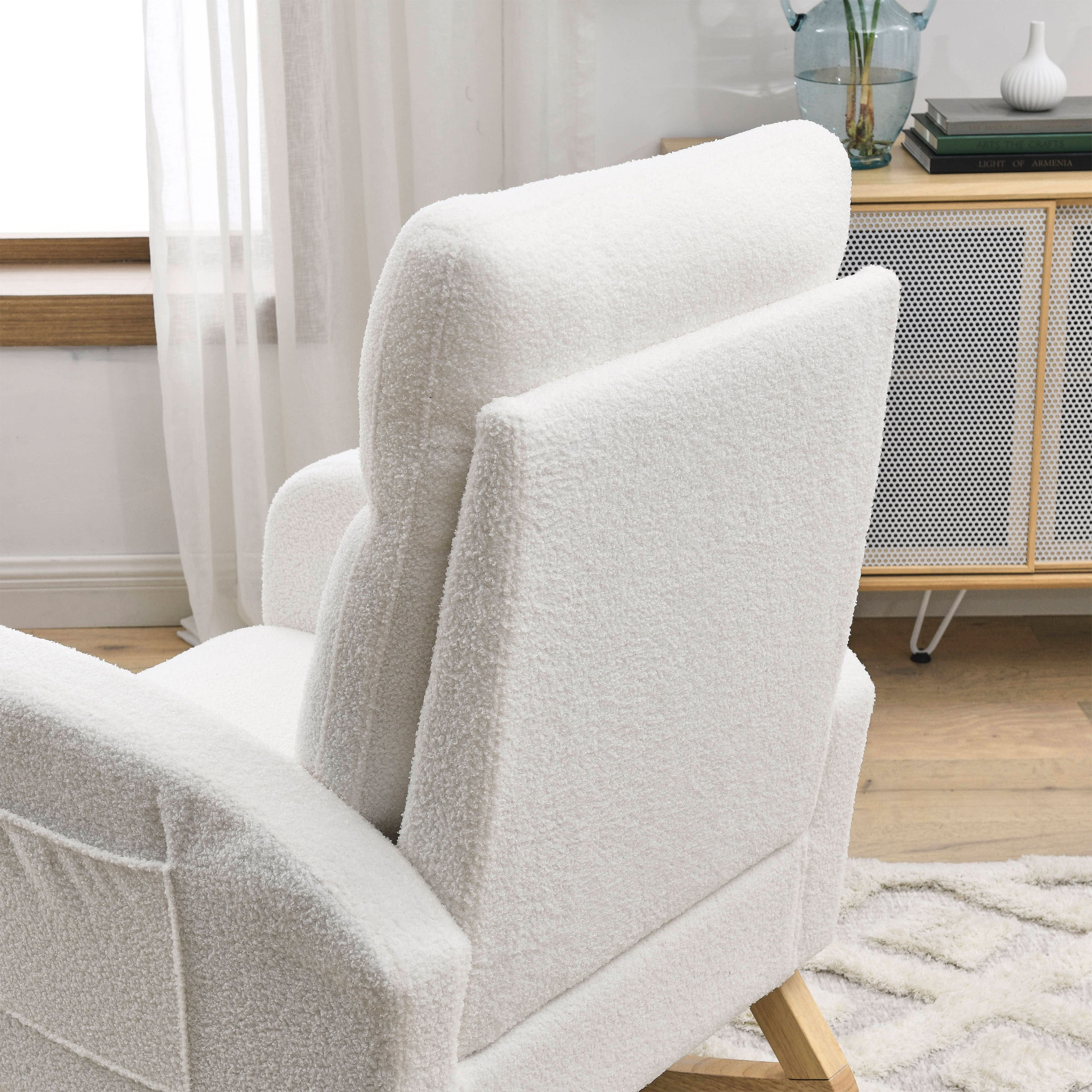 [product_type] | 27.6"W Modern Accent High Backrest Living Room Lounge Arm Rocking Chair, Two Side Pocket, Teddy White (Ivory) | casafoyer.myshopify.com